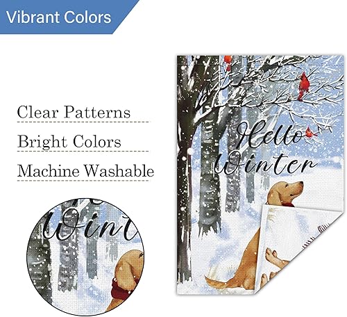 Miniatura 5 de Louise Maelys Bandera de jardín con texto en inglés Hello Winter Dog de 28 x 40 pulgadas, de doble cara, de arpillera, grande, con cardenal dorado