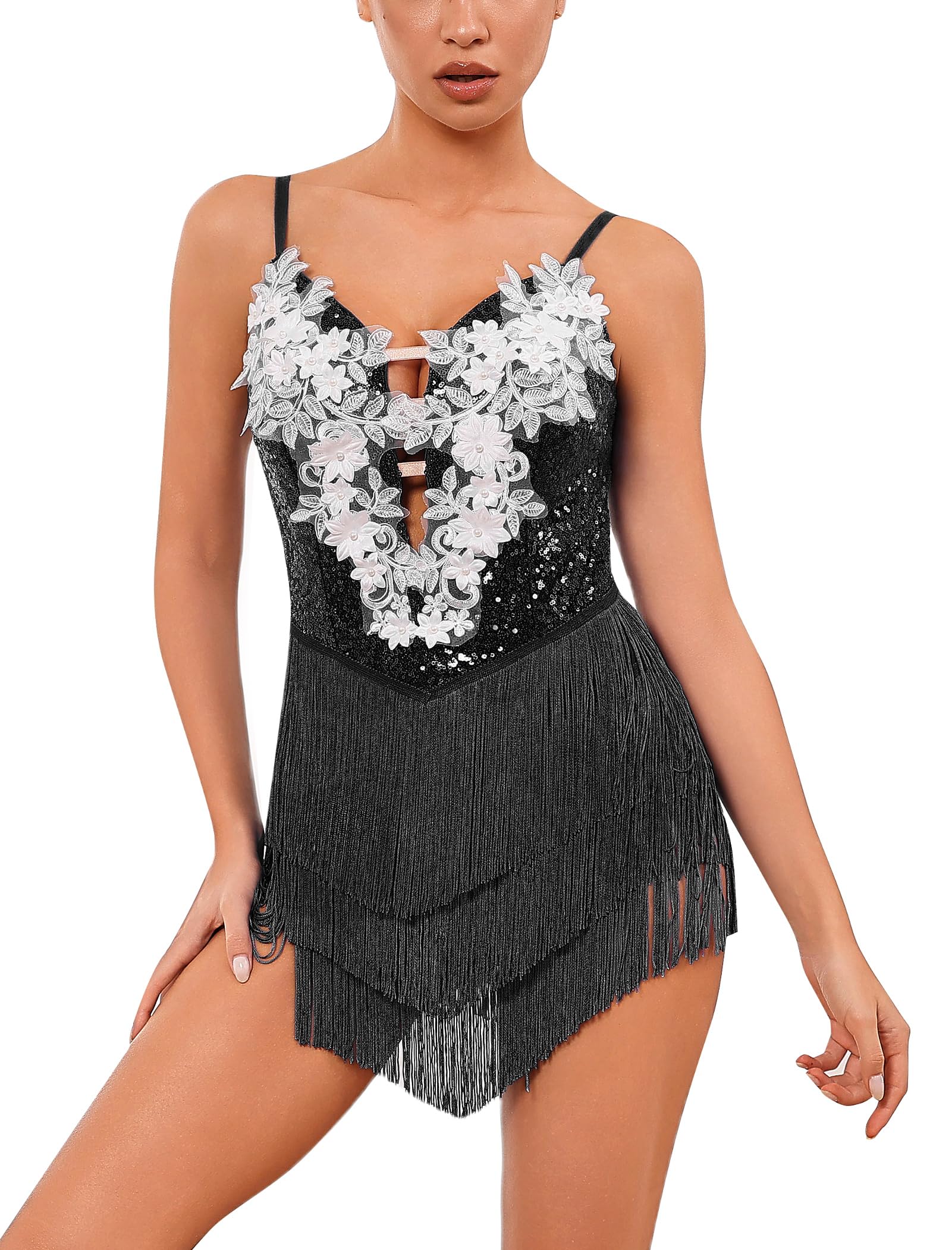 Women Sparkly Sequins Fringe Bodysuit Floral Lace Latin Jazz Tassel Dance Costume Open Ba…