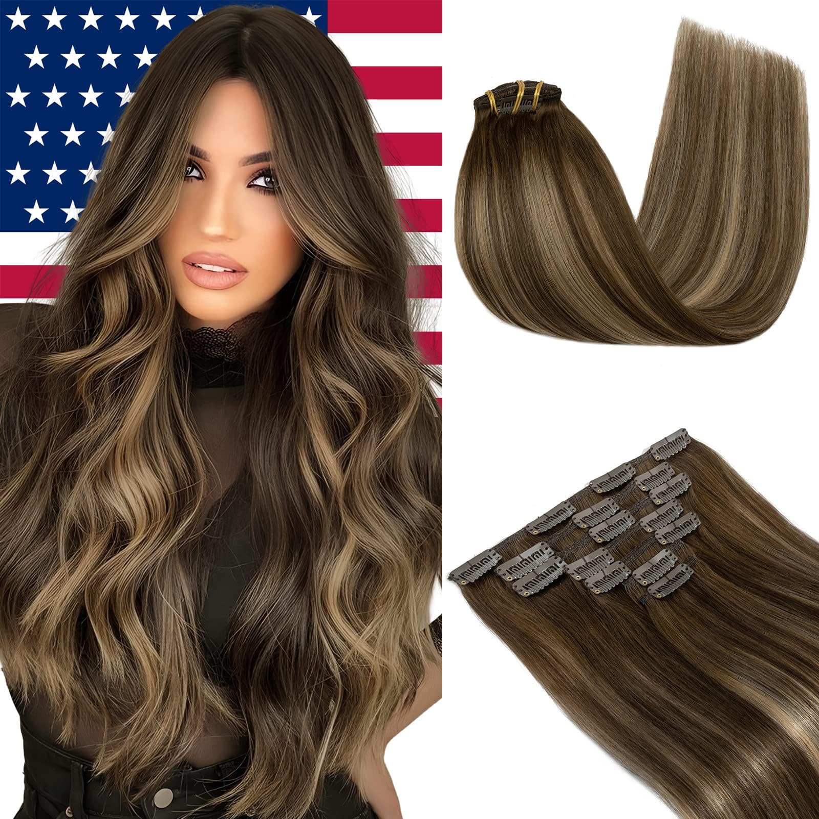 ElailiteClip in Hair Extensions Real Human Hair, 125g 18 Inch 7pcs #4T4P27 Chocolate Brown and Caramel Blonde, Double Weft Handmade Soft Natural Straight Brazilian Virgin Human Hair for Women
