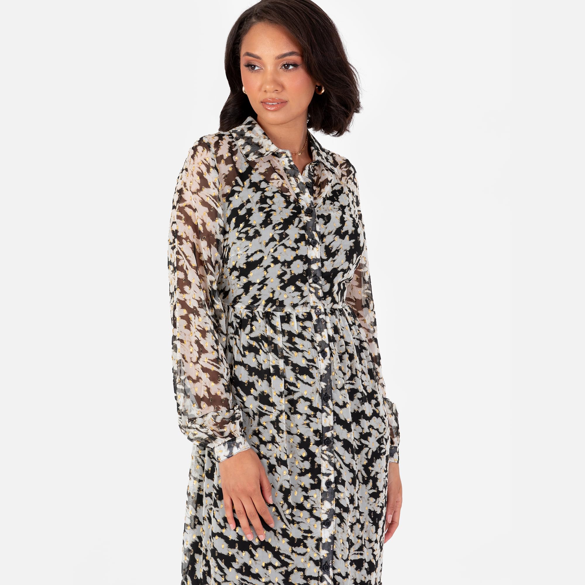 Lovedrobe Women's Midaxi Dress Ladies Shirt Collar Long Sleeve Floral Elasticated Waist Gold Texture Smart Casual Office Wear Vestido, Negro, 54 Mujeres