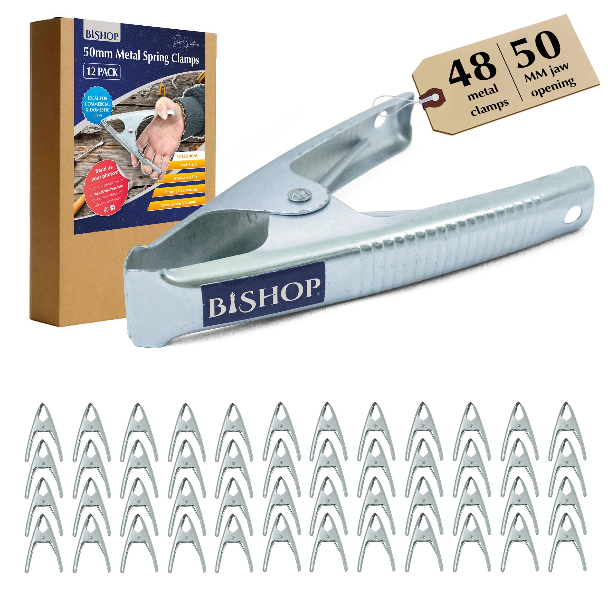 Bishop Silver Commercial Grade Metal Spring Clamps For Woodwork - Rust Proof Market Stall Tarp Clips Clamps 50Mm Jaw Capacity - Metal Clips All Steel Construction 160Mm Length - Triple Coil Spring Clips (Qty: 48)