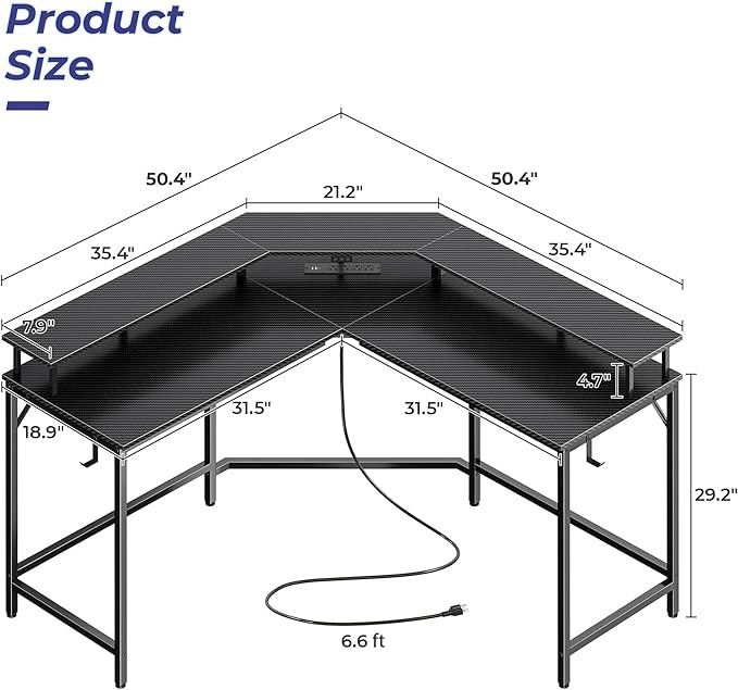 L Shaped Gaming Desk with Power Outlets & LED Lights, Computer Desk with Monitor Shelves, Carbon Fiber Surface, Home Office Desk, Corner Gaming Desk with Hooks, Black