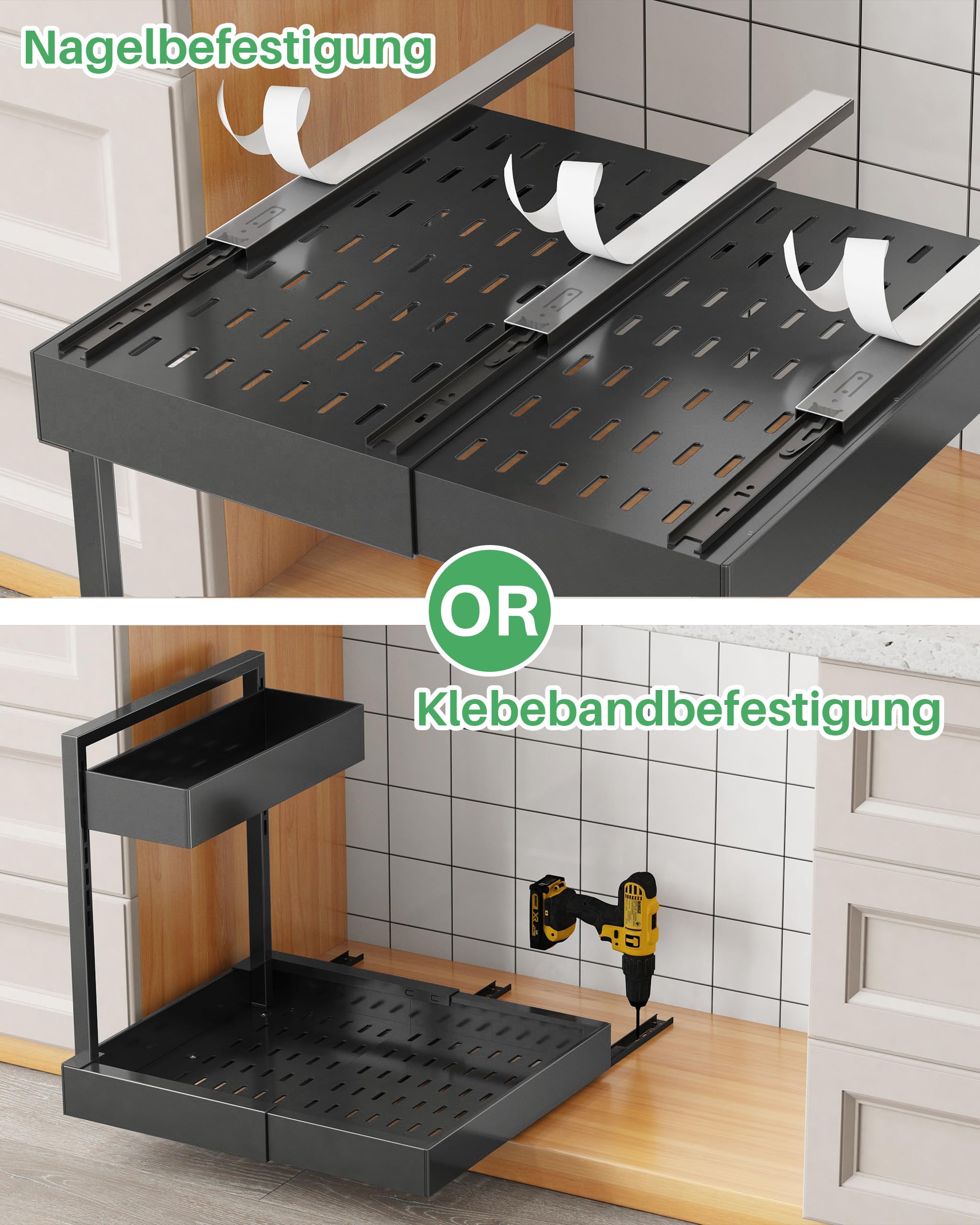 UMDONX Spülbecken Küche Organizer 2-stöckiger Unter Waschbecken Regal Ausziehbarer Spülschrank Organizer,Schwarz