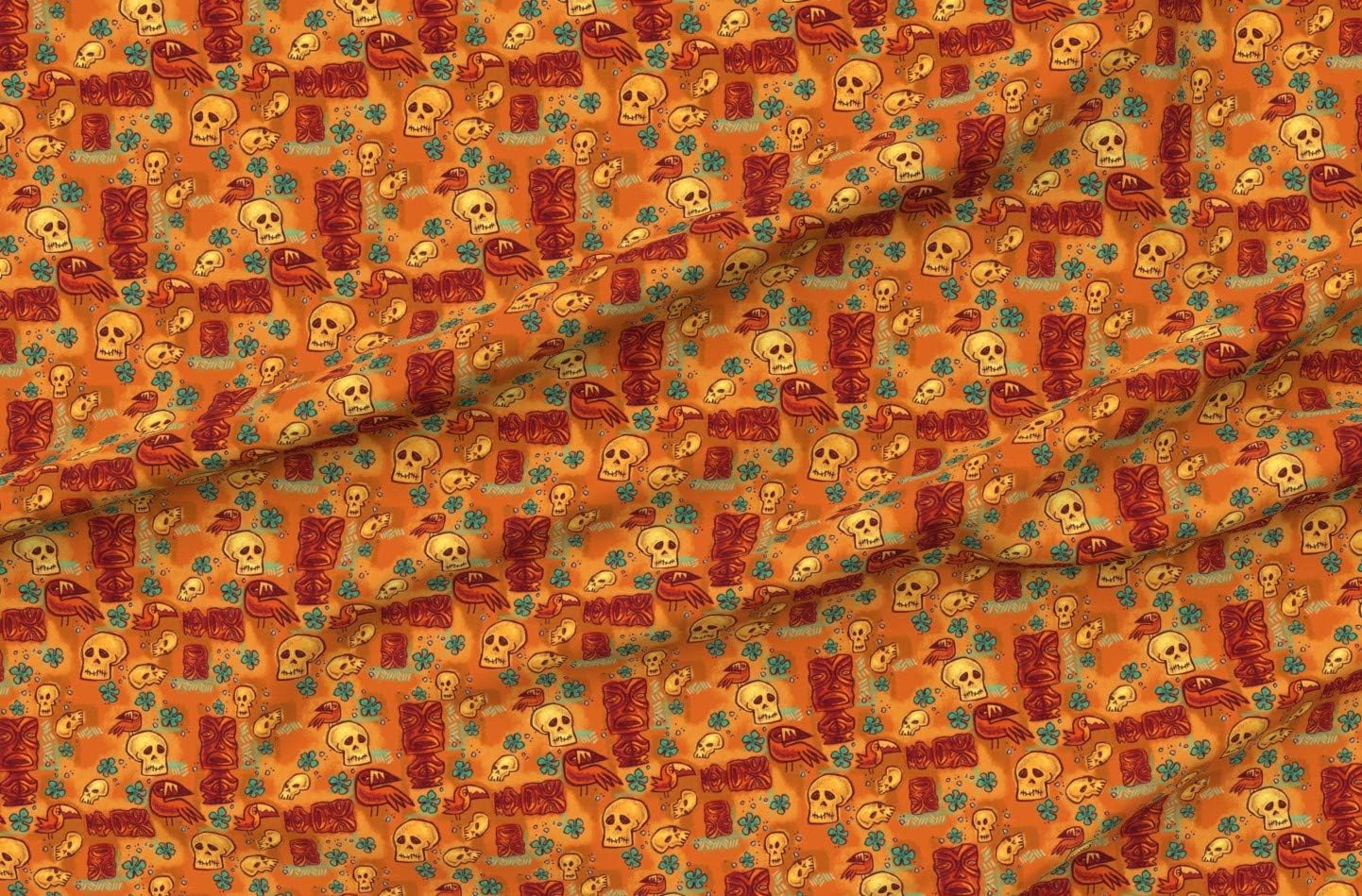 Spoonflower Fabric - Tiki Retro Hawaiian Polynesian Rust Orange Red Skull Floral Vintage Printed on Organic Cotton Sateen Fabric by The Yard - Sewing Quilting Apparel Home Decor