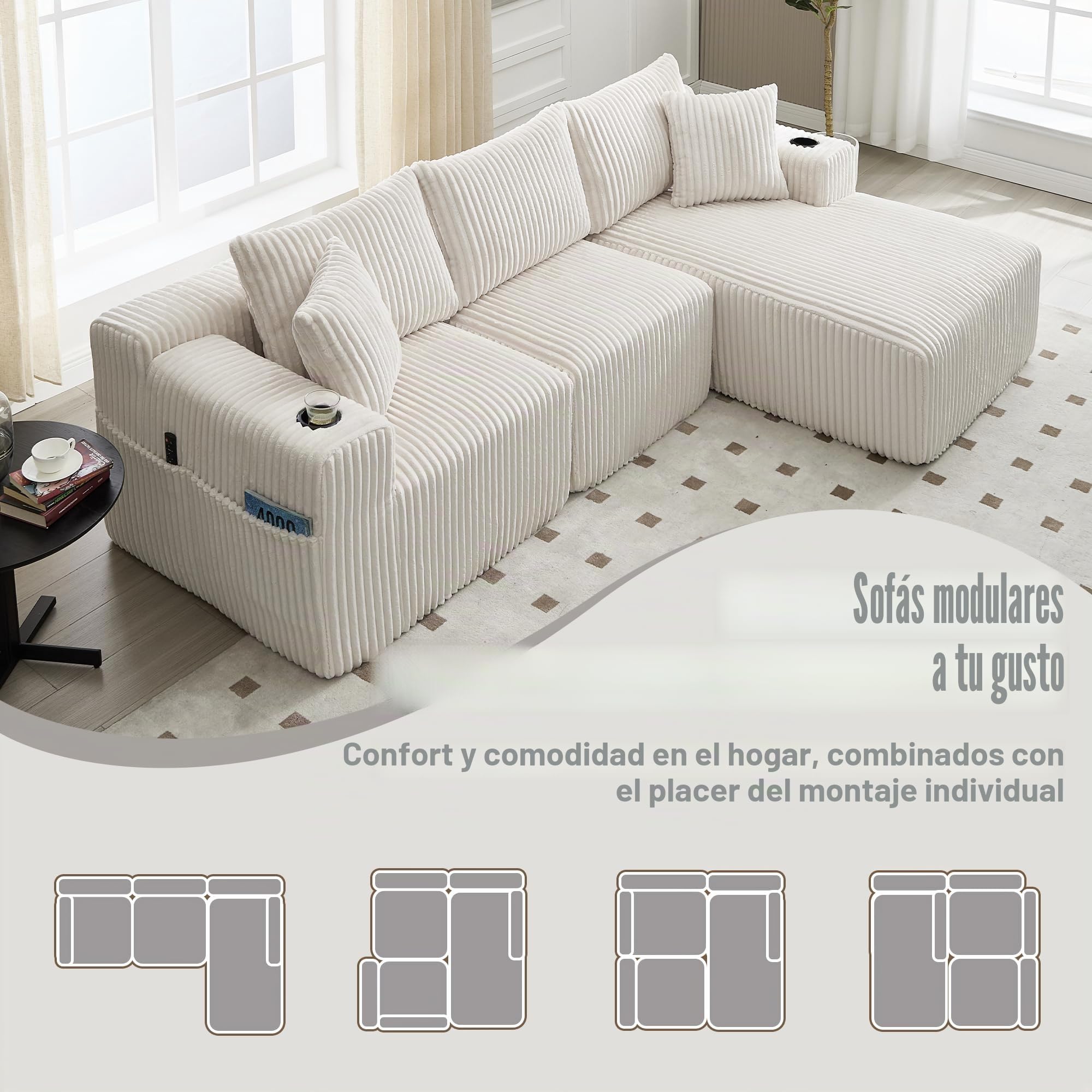 Sofá modular con chaise longue y 2 plazas, suave tapizado de terciopelo con 5 cojines, bolsillos laterales, portavasos, espuma de alta densidad, combinación DIY, para salón, apartamento