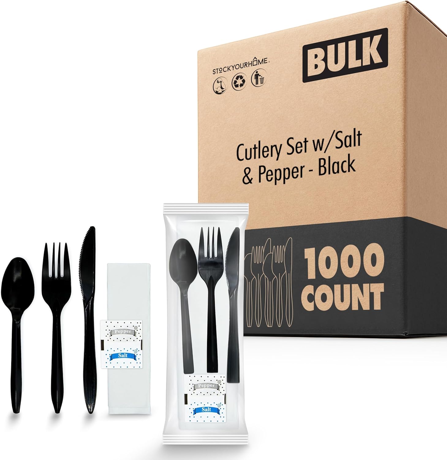Individually Wrapped Plastic Cutlery Set with Napkin, Salt and Pepper (1000 Count), Prewrapped Disposable Silverware: Fork, Knife, Spoon