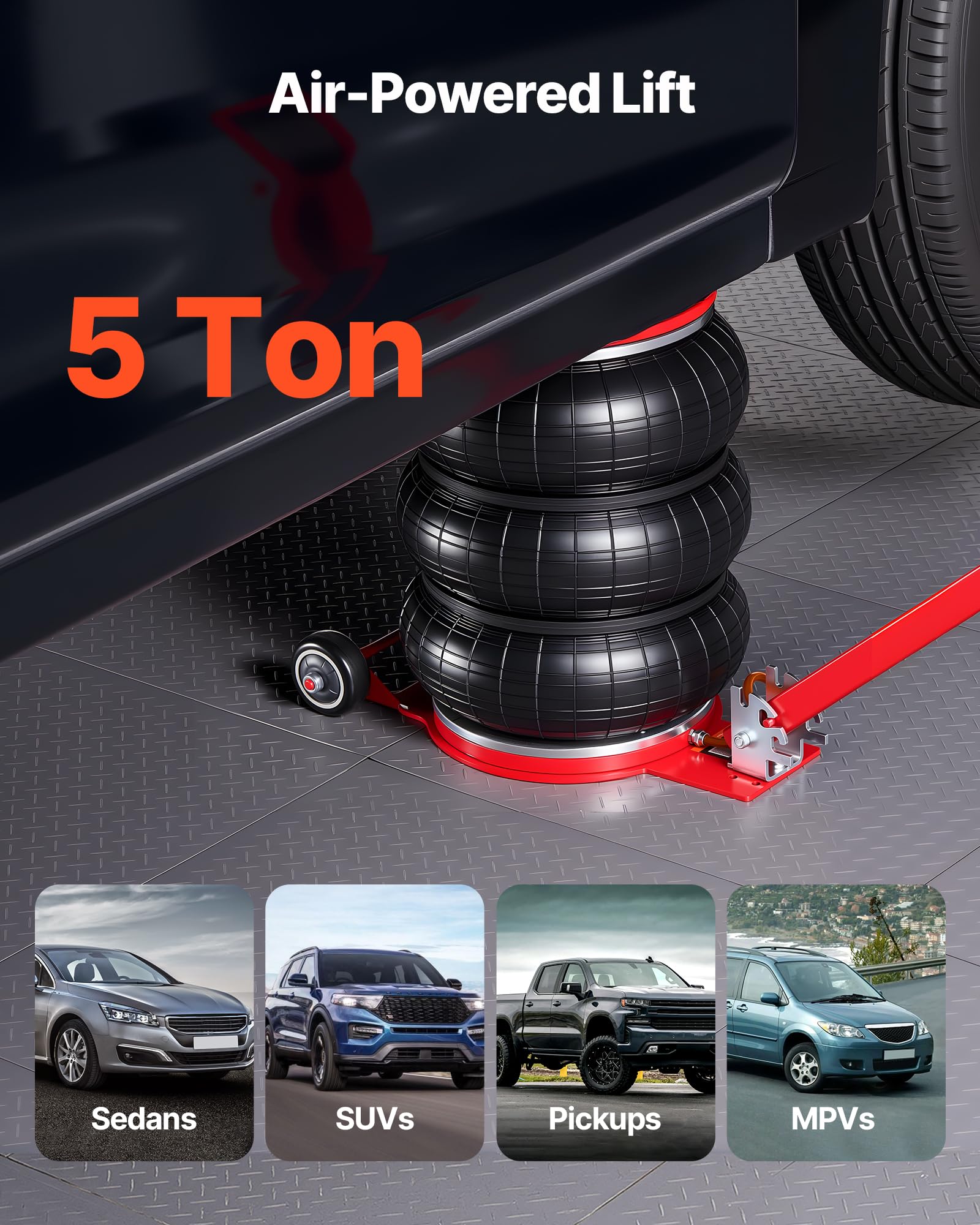 VEVOR Cric Pneumatico per Auto da 5 Tonnellate con 6 Tubi in Acciaio e Manico Lungo Regolabile, Altezza di Sollevamento da 140 a 464 mm, Sollevamento Rapido, Cric Pneumatico per Auto, SUV