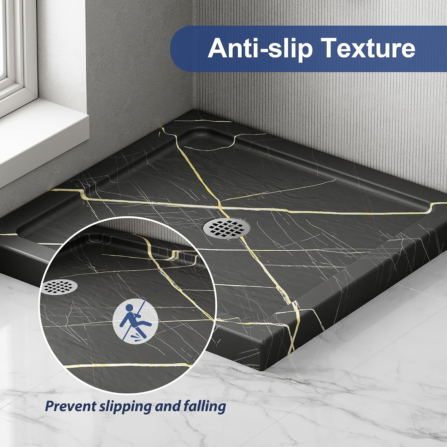 KPUY 36'' L X 36'' W Shower Base Pan with Center Drain, Black | Slip Resistant Design, Non‑Integrated Flange, Easy to Clean