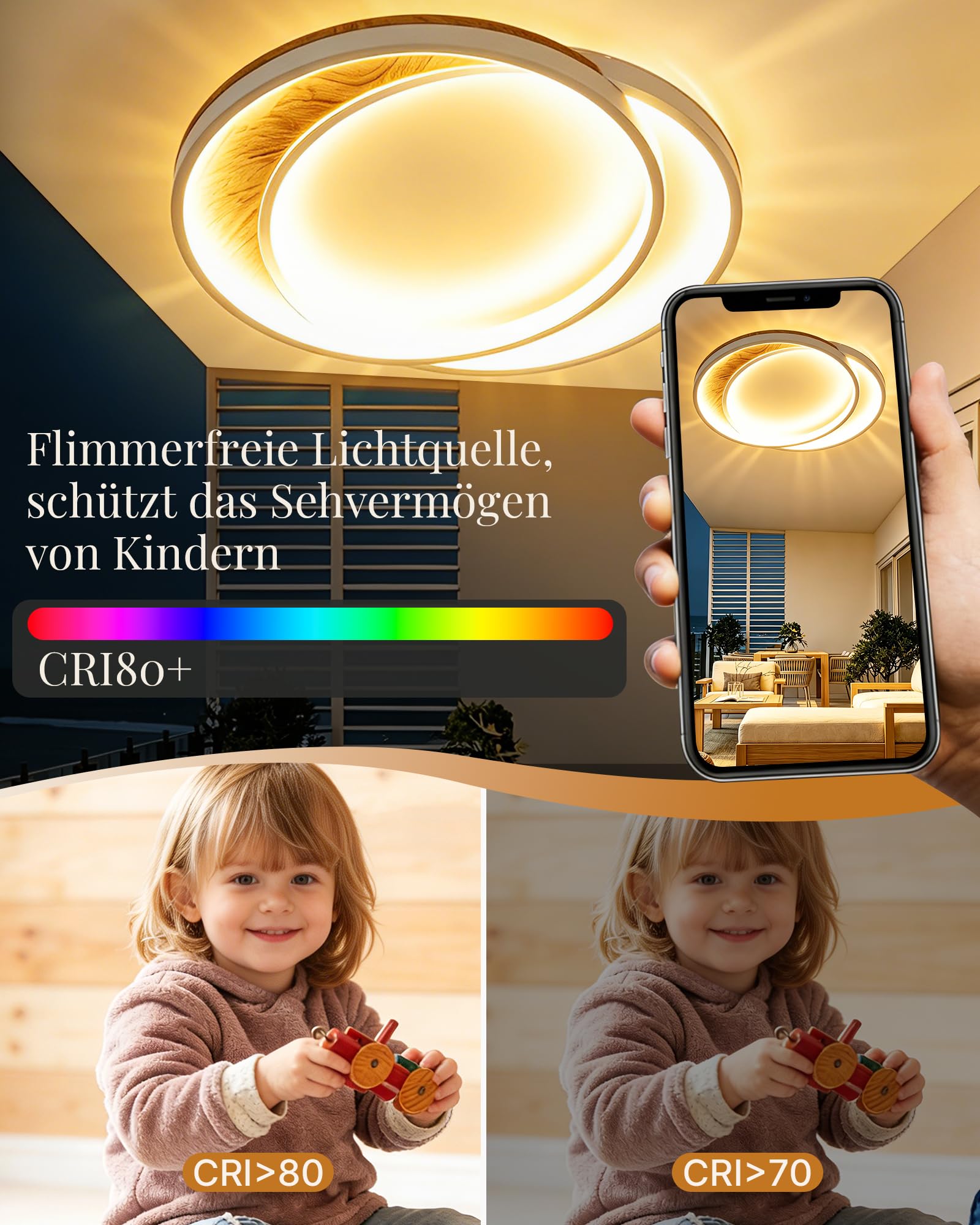 Deckenlampe Wohnzimmer LED Deckenleuchte Massivholz 36 cm, 2 Ringe, 32W, dimmbar Fernbedienung, Nachtlicht & Memory-Funktion, Moderne Deckenbeleuchtung für Schlafzimmer, Küche, Flur, Esszimmer, Büro