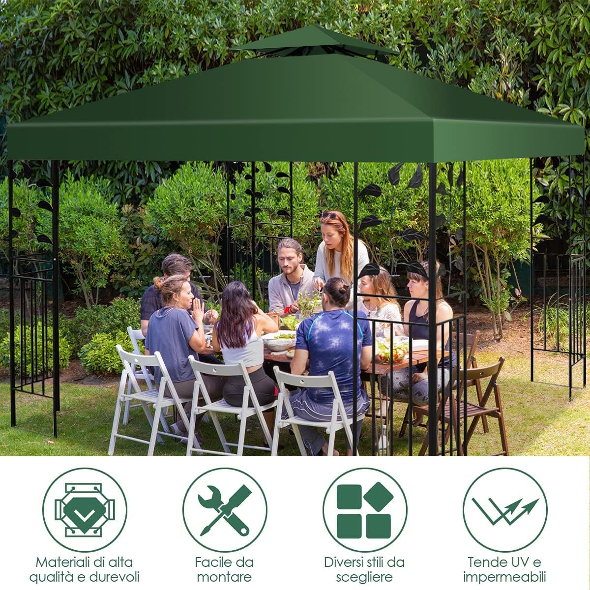 GYMAX Gazebo da Esterno Impermeabile Tendone da Giardino per Campeggio, Copertura a Doppio Strato 300x300cm (Verde)