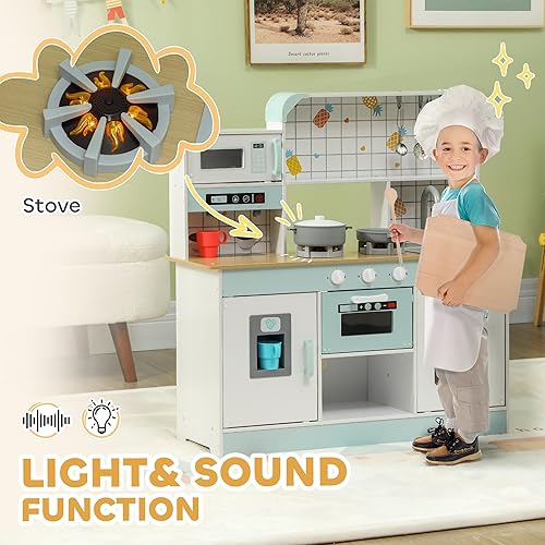Miniatura 3 de Qaba Juego de cocina, juego de cocina para niños, juego de cocina con máquina de café, máquina de hielo, estufa, microondas, horno, sonido y luces