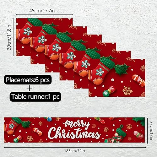 Miniatura 90 de Juego de manteles individuales y camino de mesa de muñeco de nieve y árbol de Navidad, 7 piezas (1 camino de mesa + 6 manteles individuales), diseño