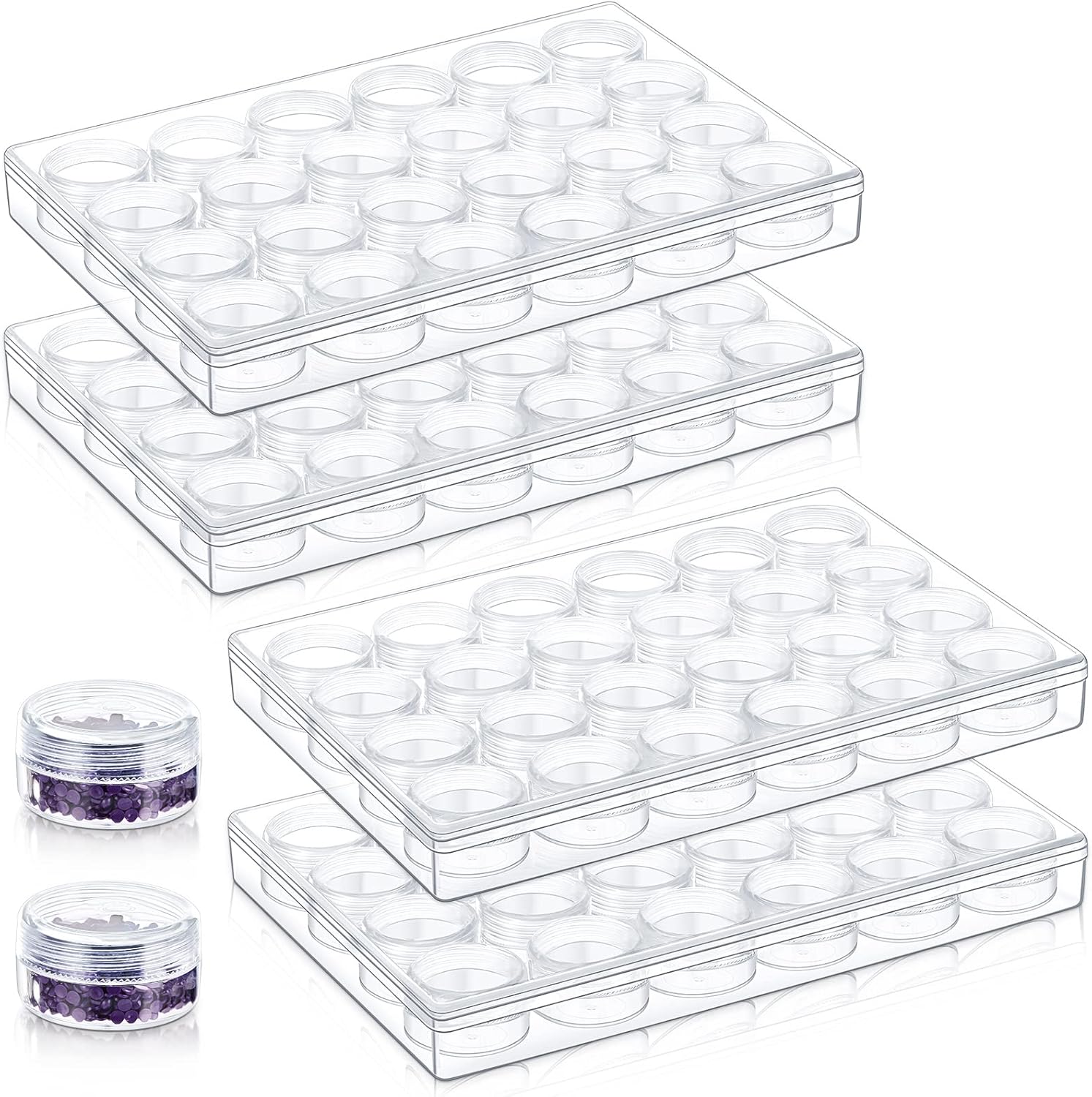 Xinnun 4 Pcs Bead Organizer Transparent Embroidery Bead Storage Containers with Lid Plastic Diamond Painting Storage for DIY Crafts Jewelry Earring Sewing Pills Nail Small Items, Clear (24 Grids)