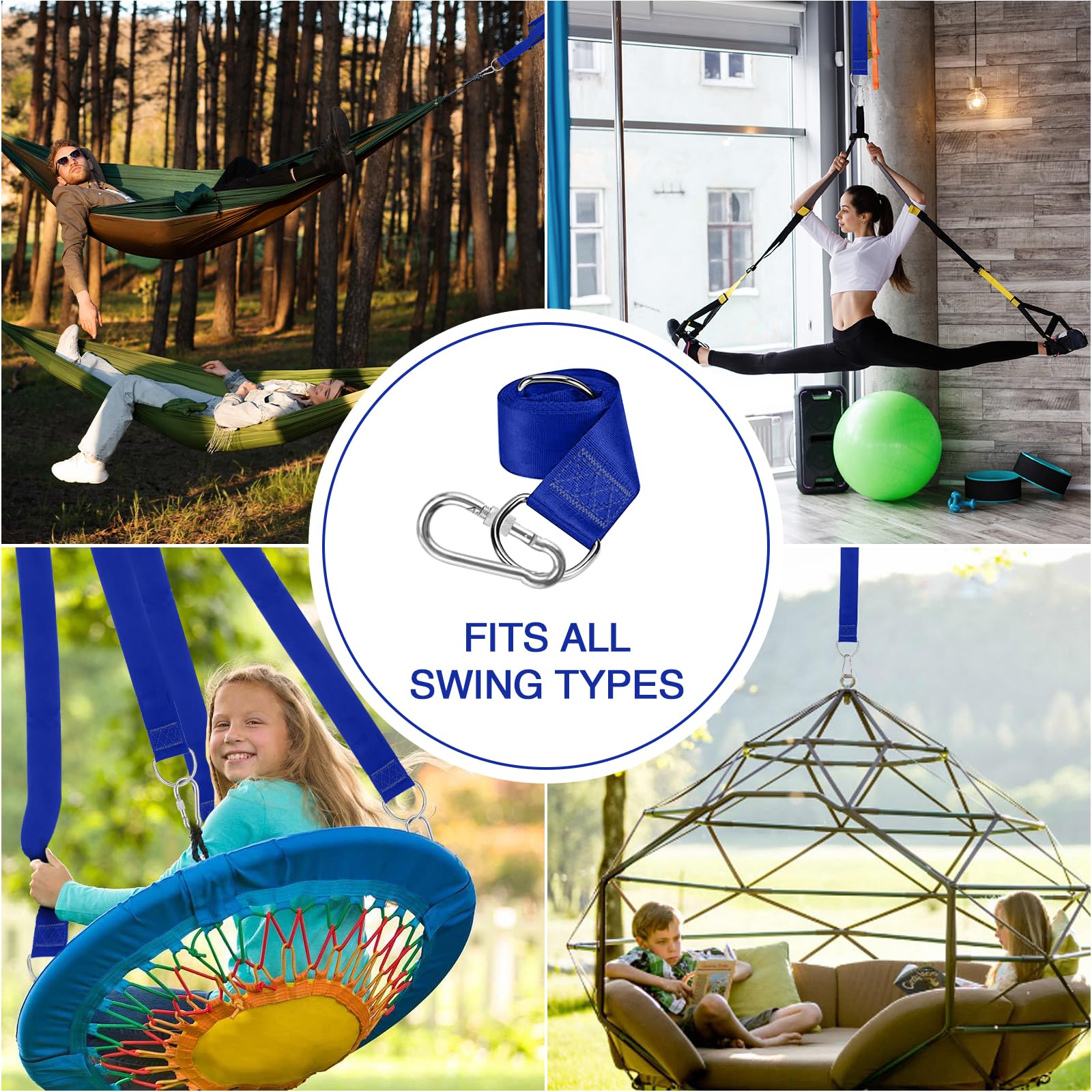 Suspension Arbre Kit Sangles Hamac Avec Mousquetons - 2 Élingues Nylon Et Anneaux En D - Portée 100kg - Pour Balançoire Jardin Charge 100kg