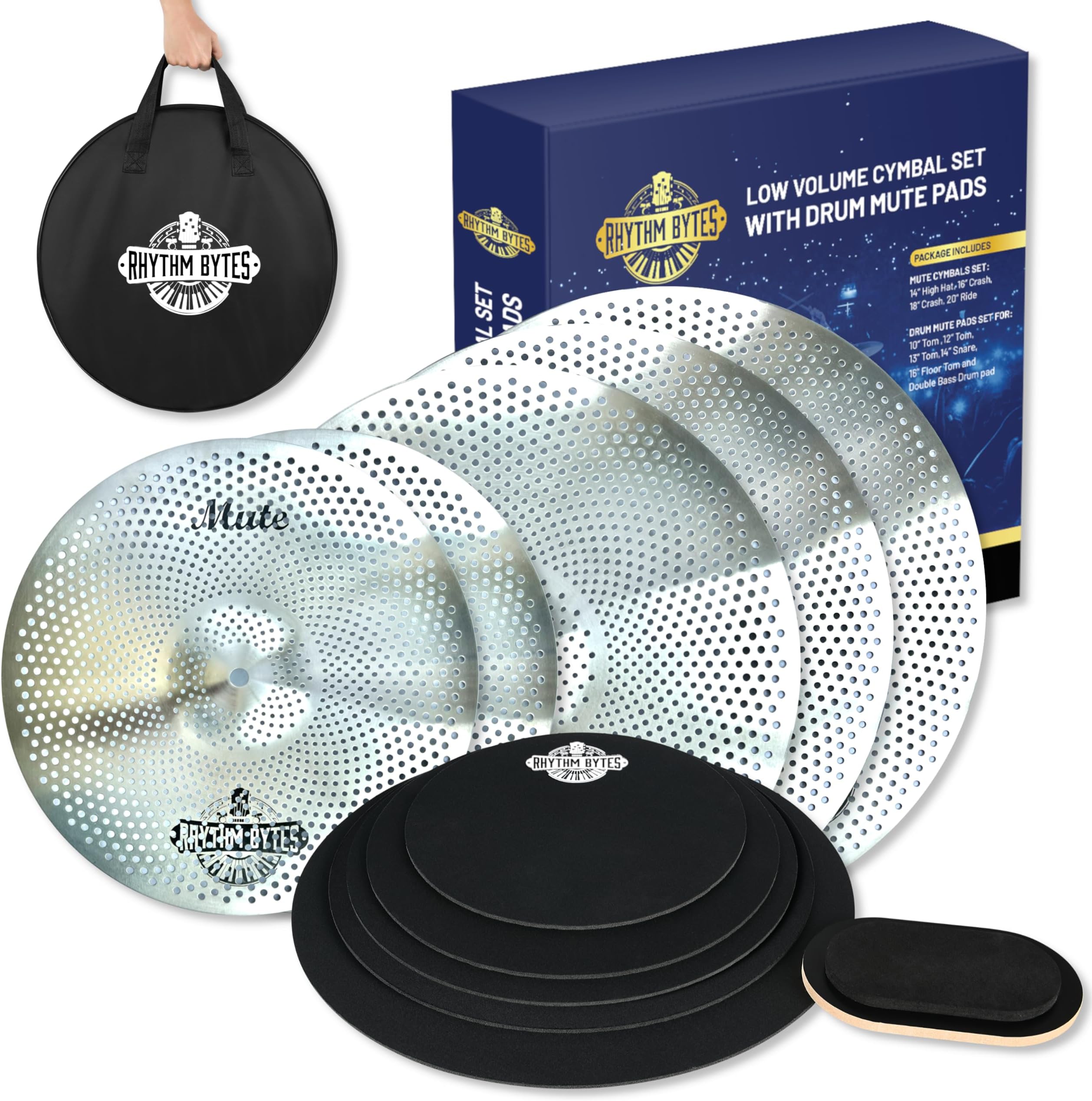 Low Volume Cymbal Pack with Drum Mute Pads, Complete 5pcs Mute Cymbal Set & 6pcs Drum Dampeners, Quiet Cymbals 14"/16"/18"/20" | Drum Mute Pak 10"/12"/13"/14"/16", 1 Bass Drum Mute Pad, Cymbal Bag
