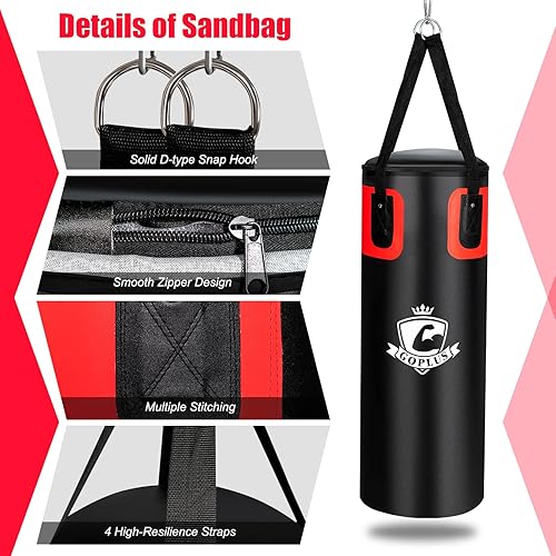 Miniatura 4 de Goplus Saco de boxeo para adultos, juego de bolsa de boxeo colgante pesada de 56 libras con guantes de boxeo de 12 onzas y envolturas de mano, bolsa