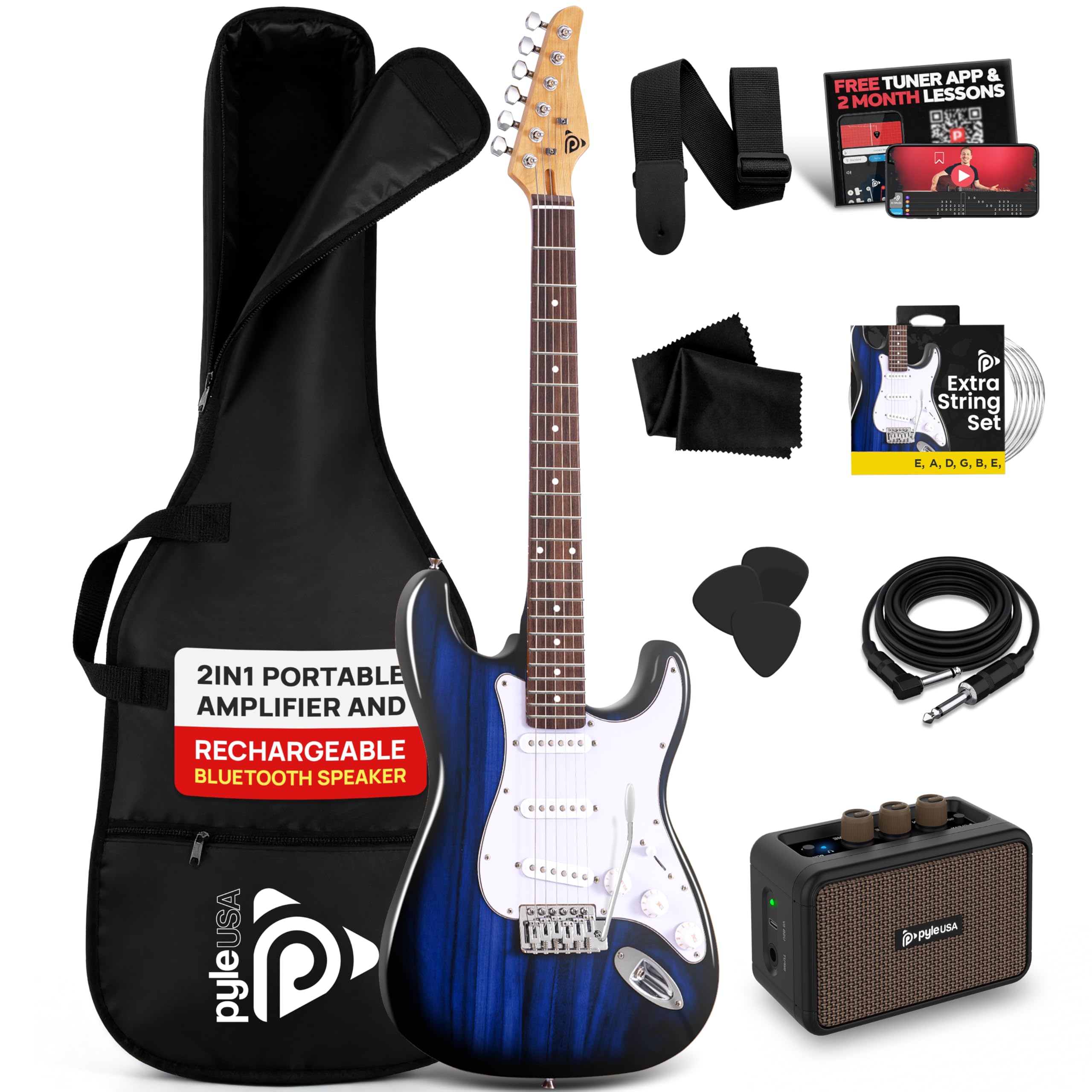 Pyle Full Size Electric Guitar Kit 97cm, 22 Fret Beginner Guitars Bundle 5W Amp, With Gig Bag, Picks, Spare Strings, Strap, and ST-Style Paulownia Body, Right Hand, Blue Blue Burst