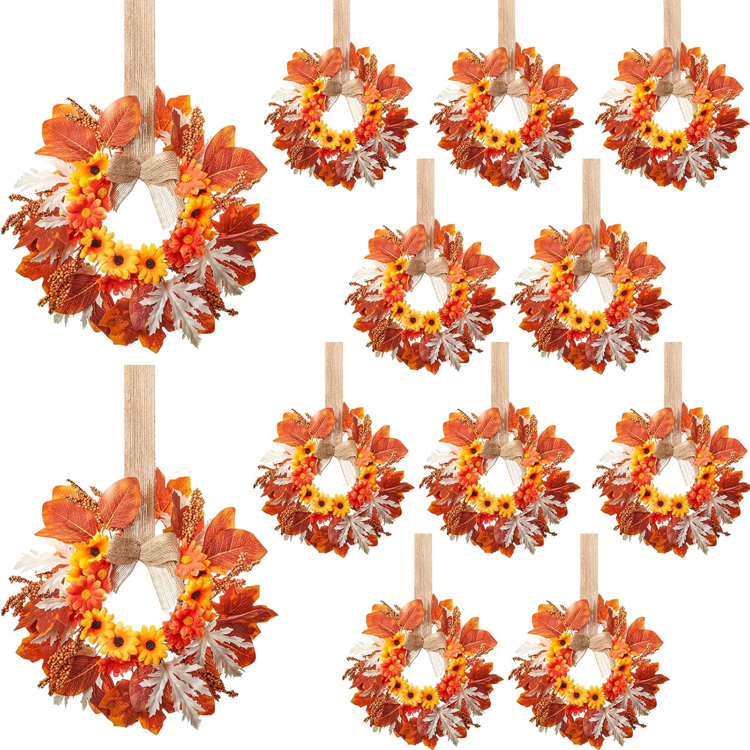 Hoteam 12 Pcs Fall Mini Wreath Thanksgiving Kitchen Cabinet Wreaths with Bow Ribbon Maple Autumn Artificial Faux Garland Small Farmhouse Decorative Garland for Front Door Wall Window