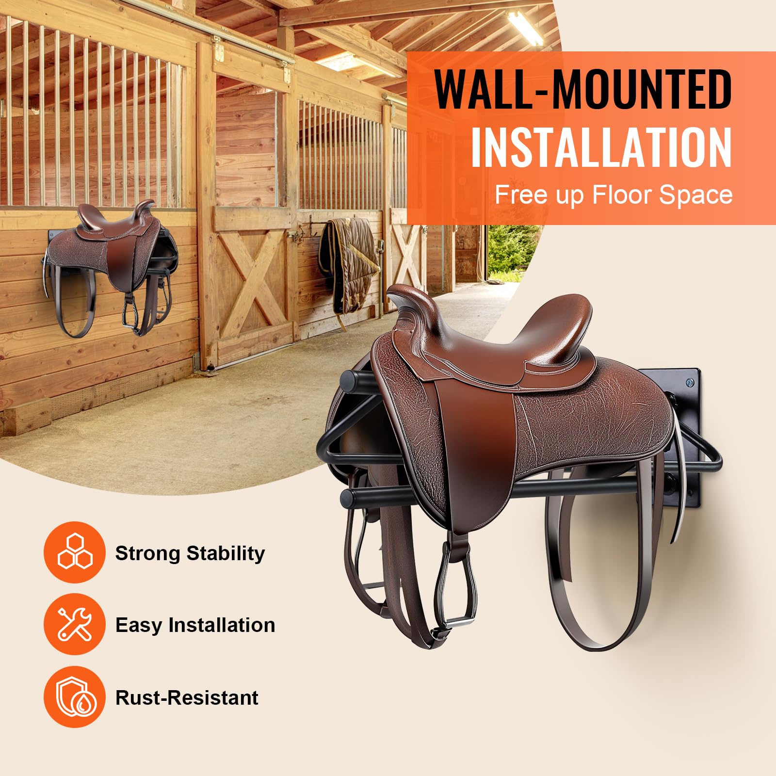 VEVOR 2 PCS Soporte para Sillín con Barra de Protección 60,45 x 32,00 x 25,91cm Soporte de Pared para Sillín de Caballo Resistente Soporte para Sillín Occidental e Inglés para Cuartos de Aperos, Negro