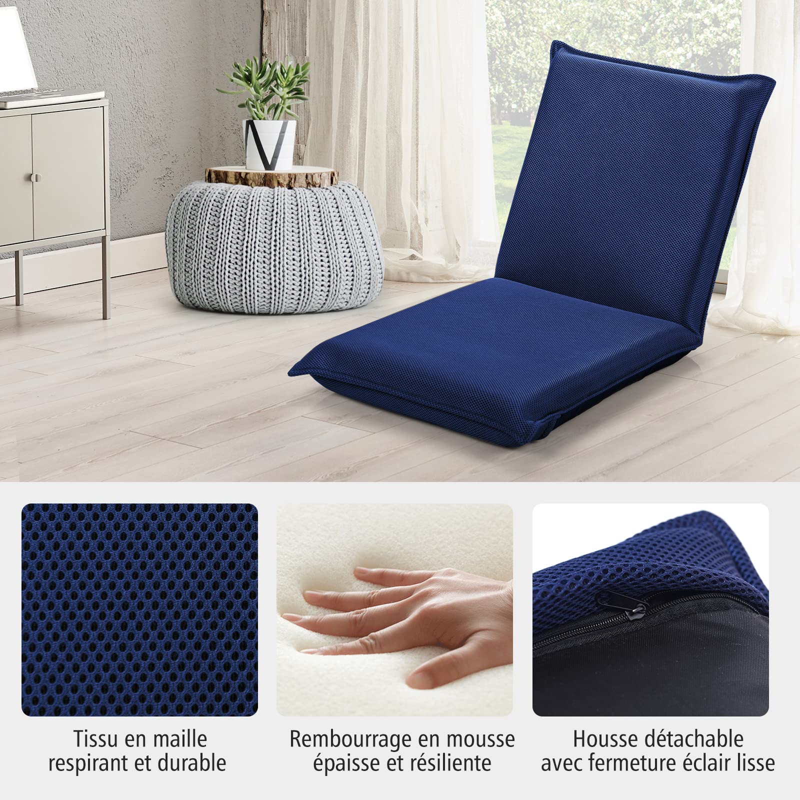 RELAX4LIFE Chaise de Sol Pliante avec Dossier Réglable en 6 Position, Tatami pour Lire & Jouer & Méditer dans Salon, Chambre, Bureau, (52-98) x44x(47-7) cm (Bleu foncé)