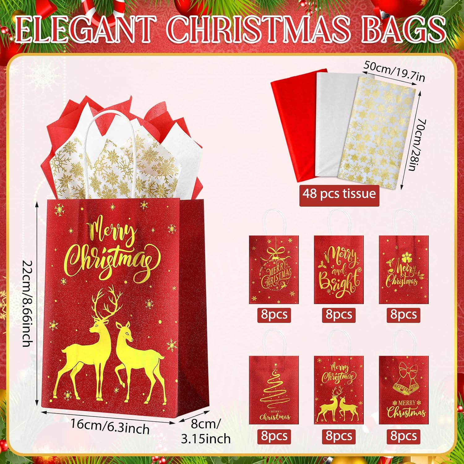 48 Pcs Christmas Gift Bags, Red Glitter Christmas Bags for Gifts with Tissue Paper, 6 Styles Red and Gold Foil Paper Goodie Bag with Handles, Bulk Xmas Holiday Reusable Party Favor Treat Bag
