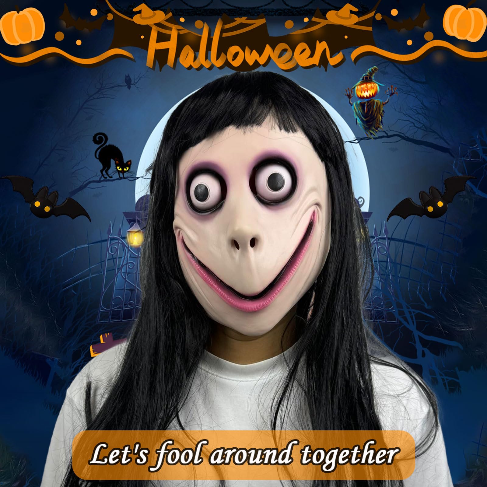 BEJOYFMY MOMO Mask, Scary Latex Momo Head Mask with Long Wig, Horror Devil Cosplay Face Masks with Long Hair Creepy Smile for Adults - Image 2