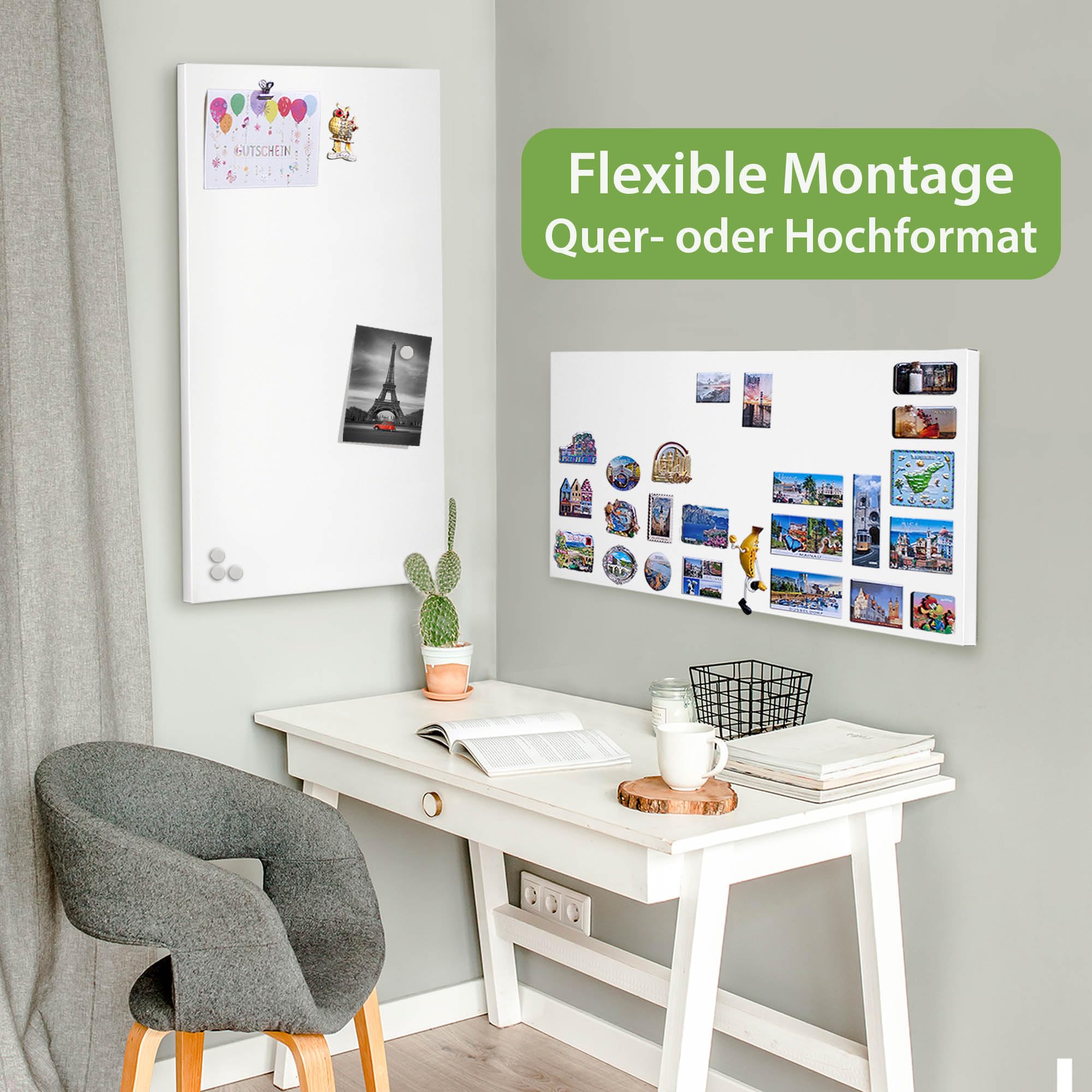 banjado Magnettafel Weiß 78x37 cm, große magnetische Wandtafel aus Metall mit Magneten, stilvolle Magnetwand zur Wandmontage, modernes Memoboard für Büro, Küche oder Kinderzimmer