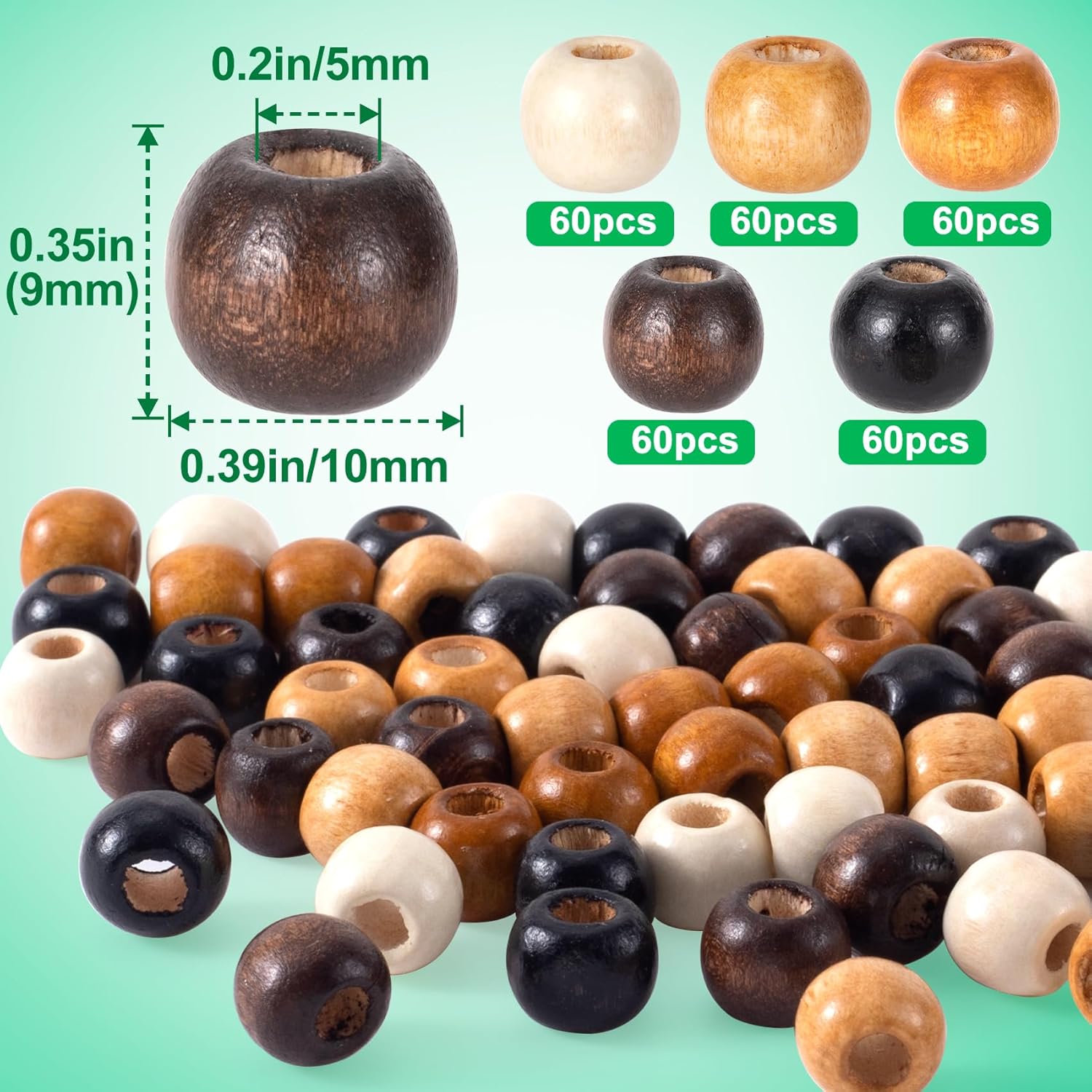 300pcs 9x10mm Wooden Beads, Large Hole Spacer Beads, Vintage Round Wood Beads for Hair Accessories Keychains Buttons Beaded Curtains DIY Crafts Jewelry Making- 5 Colors - Image 2