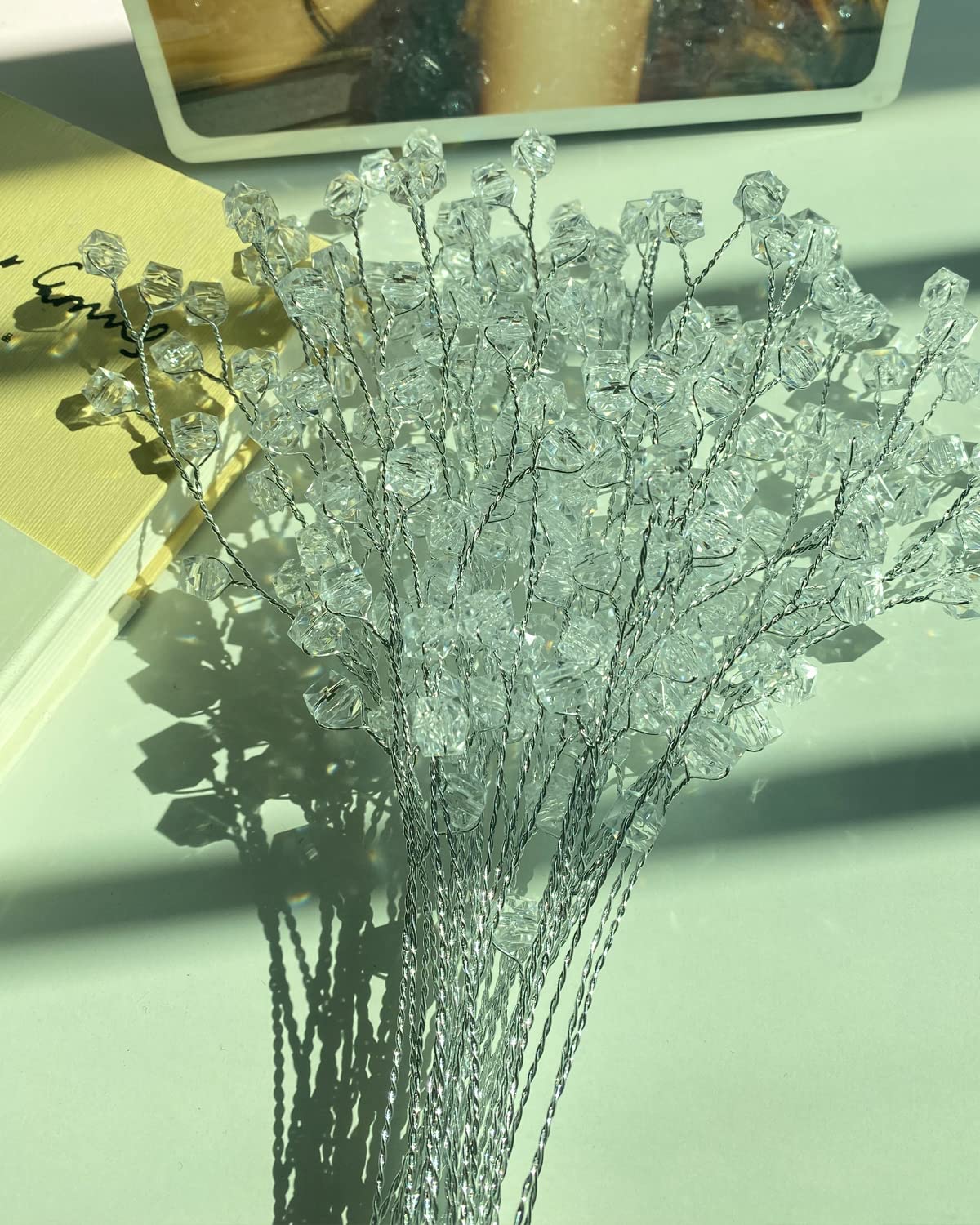 16 Stems Acrylic Crystal Flower Bouquet - Silver Glitter Berry Branches With Beaded Design | Artificial Floral Arrangement For Wedding & Home Decor