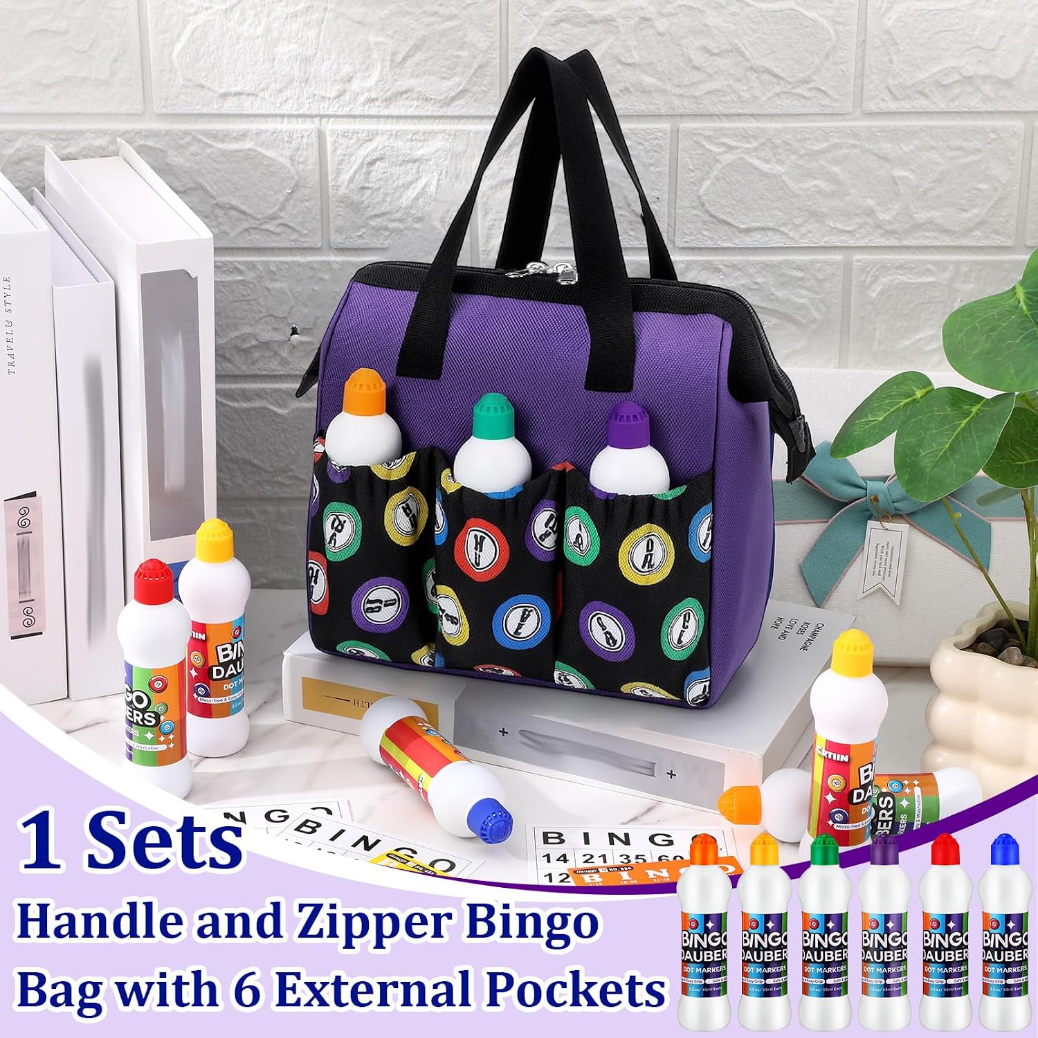 Crtiin Bingo Bag with 6 Pcs Daubers Mixed Colors Set of Dot Markers in 6 Colors Handle and Zipper Tote Bag with 6 External Pockets Suitable for Bingo Night(2.2 oz Daubers,Purple,1 Set)