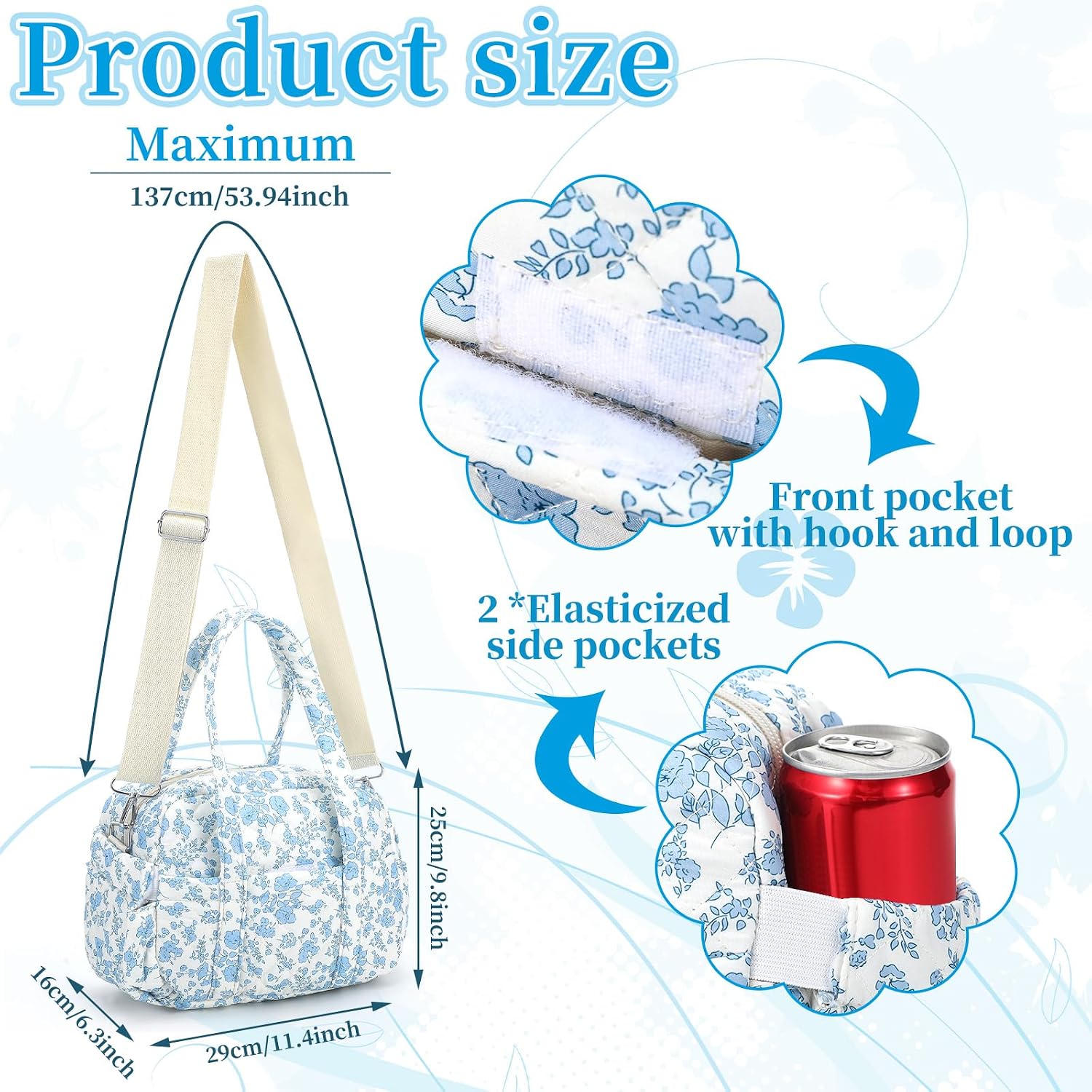 Zhehao Quilted Insulated Lunch Box for Women Cute Lunch Bag, Blue Flower