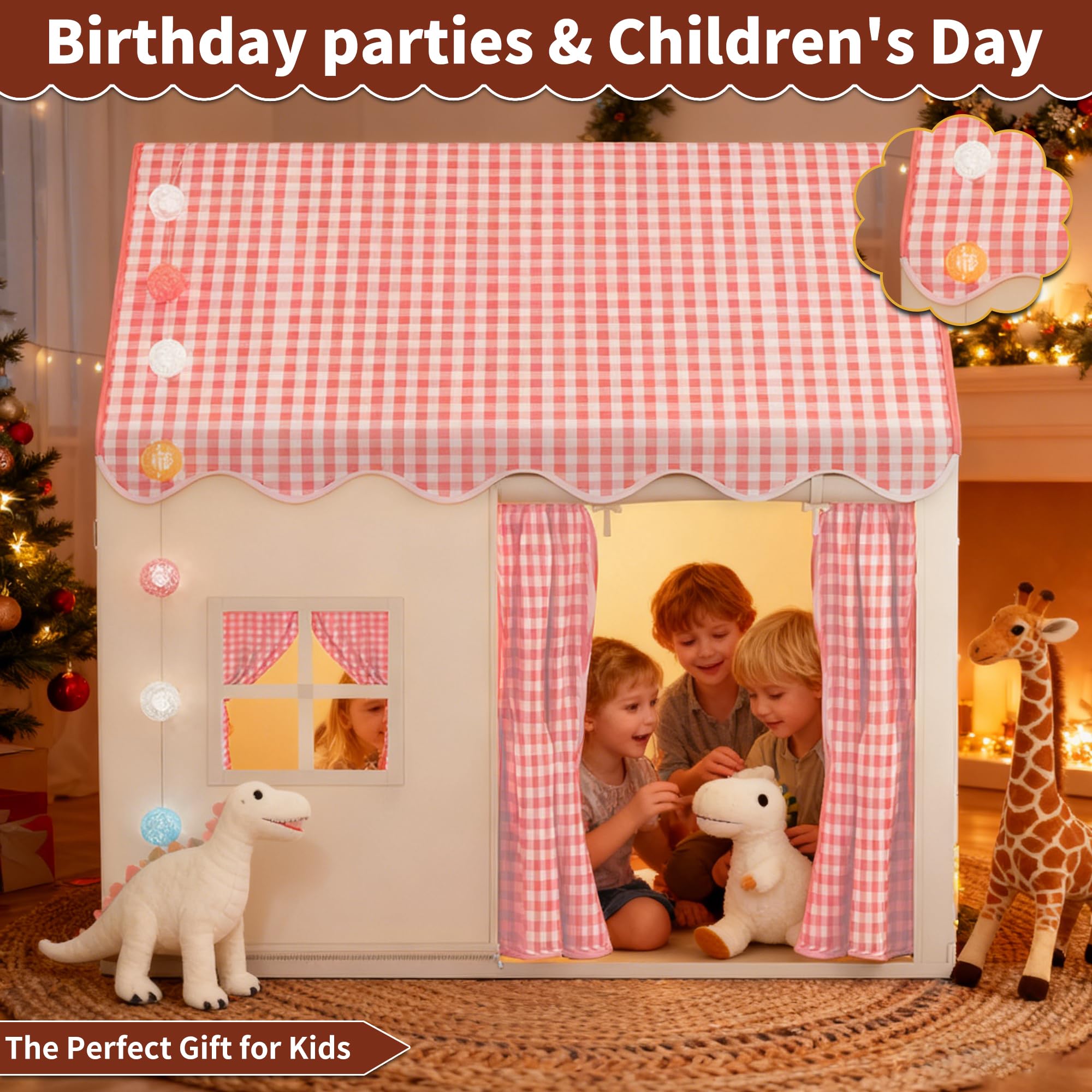 Tenda per Bambini Interno, Tenda da Gioco con Luci Decorative, Quadri Rosa