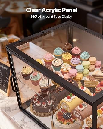 VEVOR Bakery Display Case, 2-Tier Commercial Countertop Pastry Display Case, Clear Acrylic Bread Box for Kitchen, Party Cake Cabinet with Sliding Door for Cookie Dessert Donut, 21.7 x 15.2 x 15.4