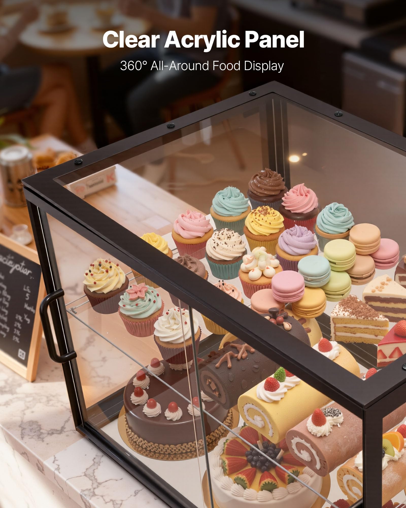 VEVOR Gebäckvitrine 2-stöckig, Gewerbliche Bäckereivitrine aus Transparentem Acryl, Thekenvitrine mit Schiebetür & Abnehmbarer Trennwand für Kekse, Desserts und Donuts, 550 x 385 x 390 mm Schwarz