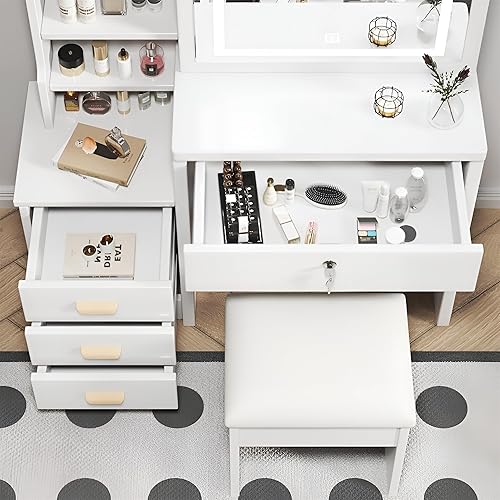 Miniatura 9 de Escritorio de tocador con espejo iluminado y taburete, mesa de maquillaje con espejo deslizante iluminado LED, 3 modelos de color, escritorio de