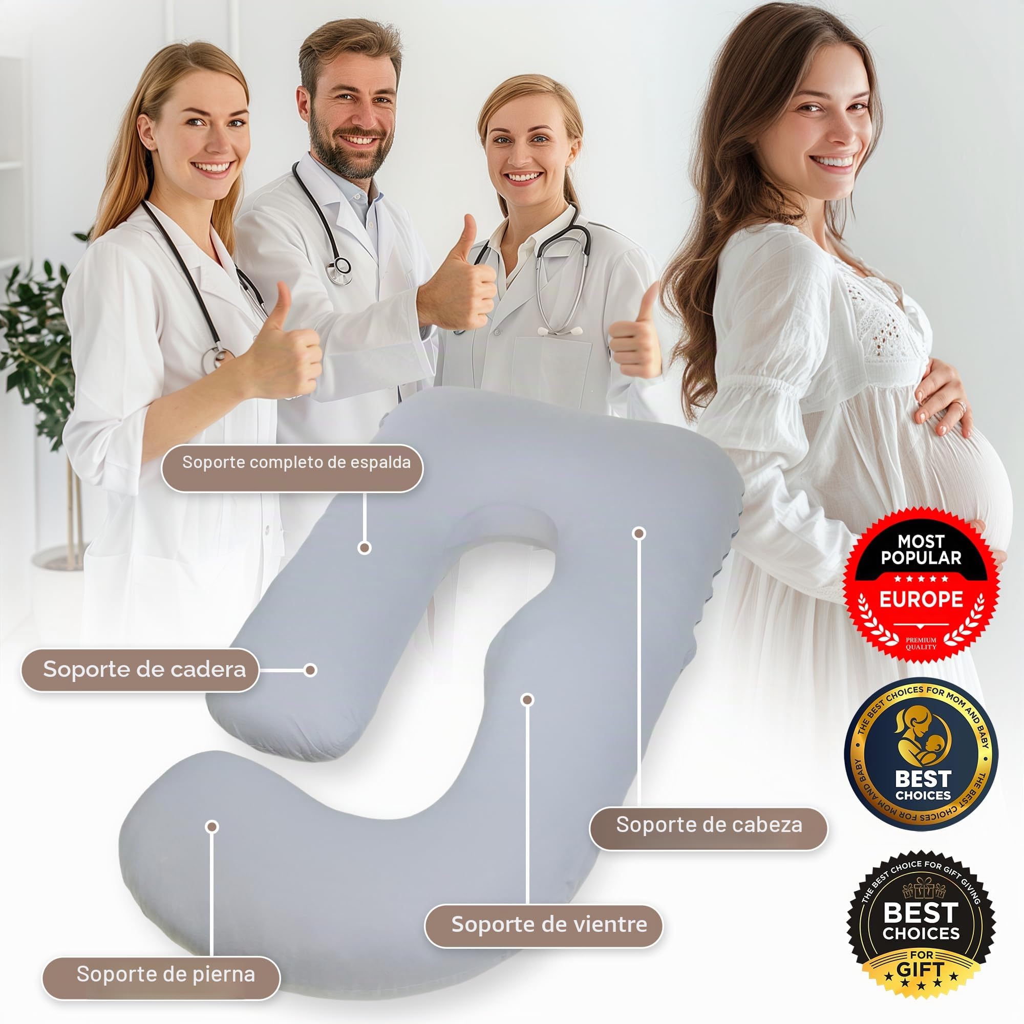 Almohada Embarazada U, Funda 100% Algodón Desmontable y Lavable