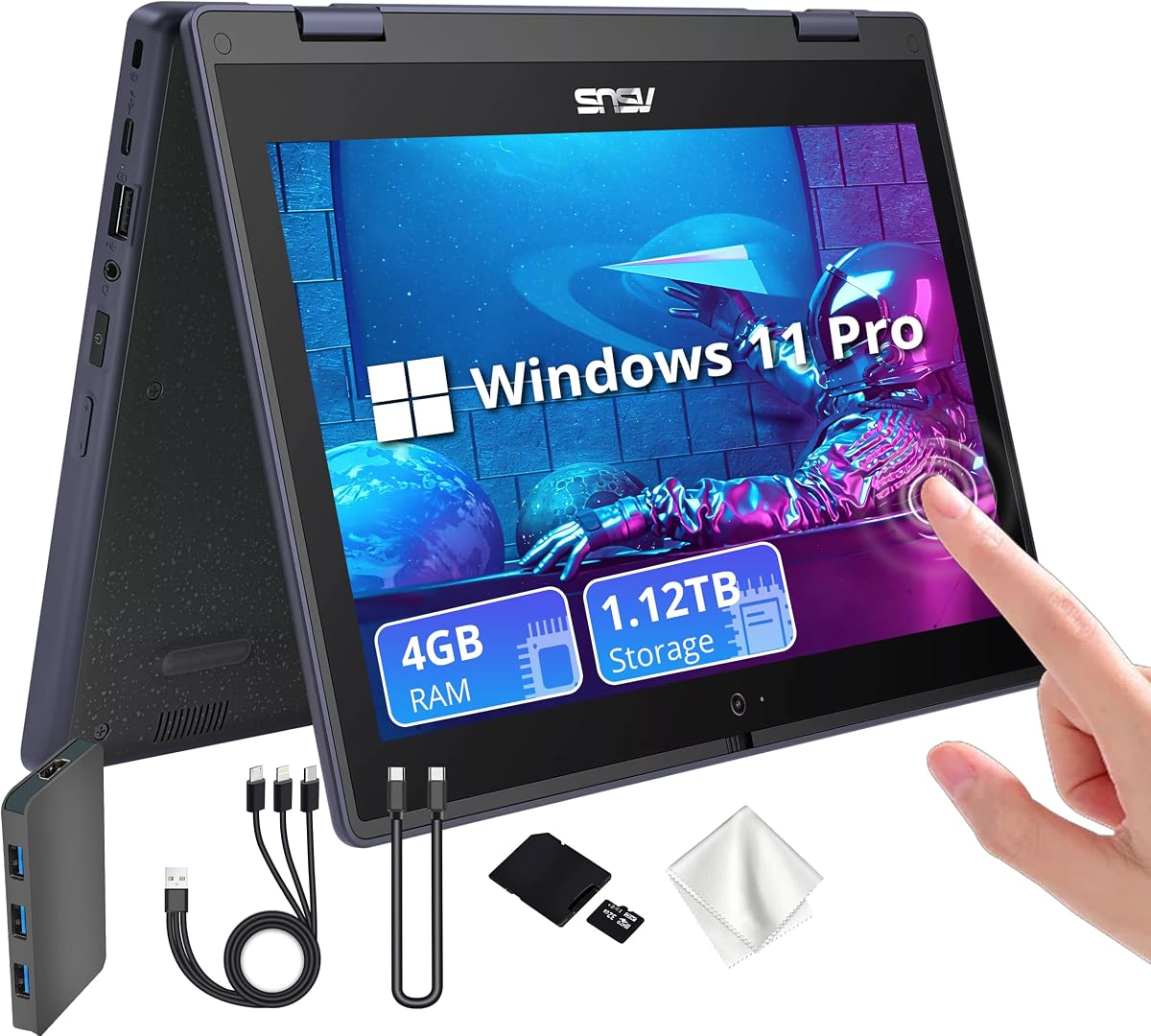 ASUS 11.6" 2-in-1 Touchscreen Laptop, Intel Celeron N100, 4GB RAM, 1.12TB Storage (128GB SSD&1TB Docking Station Set), Intel UHD Graphics, WiFi 6, Webcam, Win11 Pro, Gray