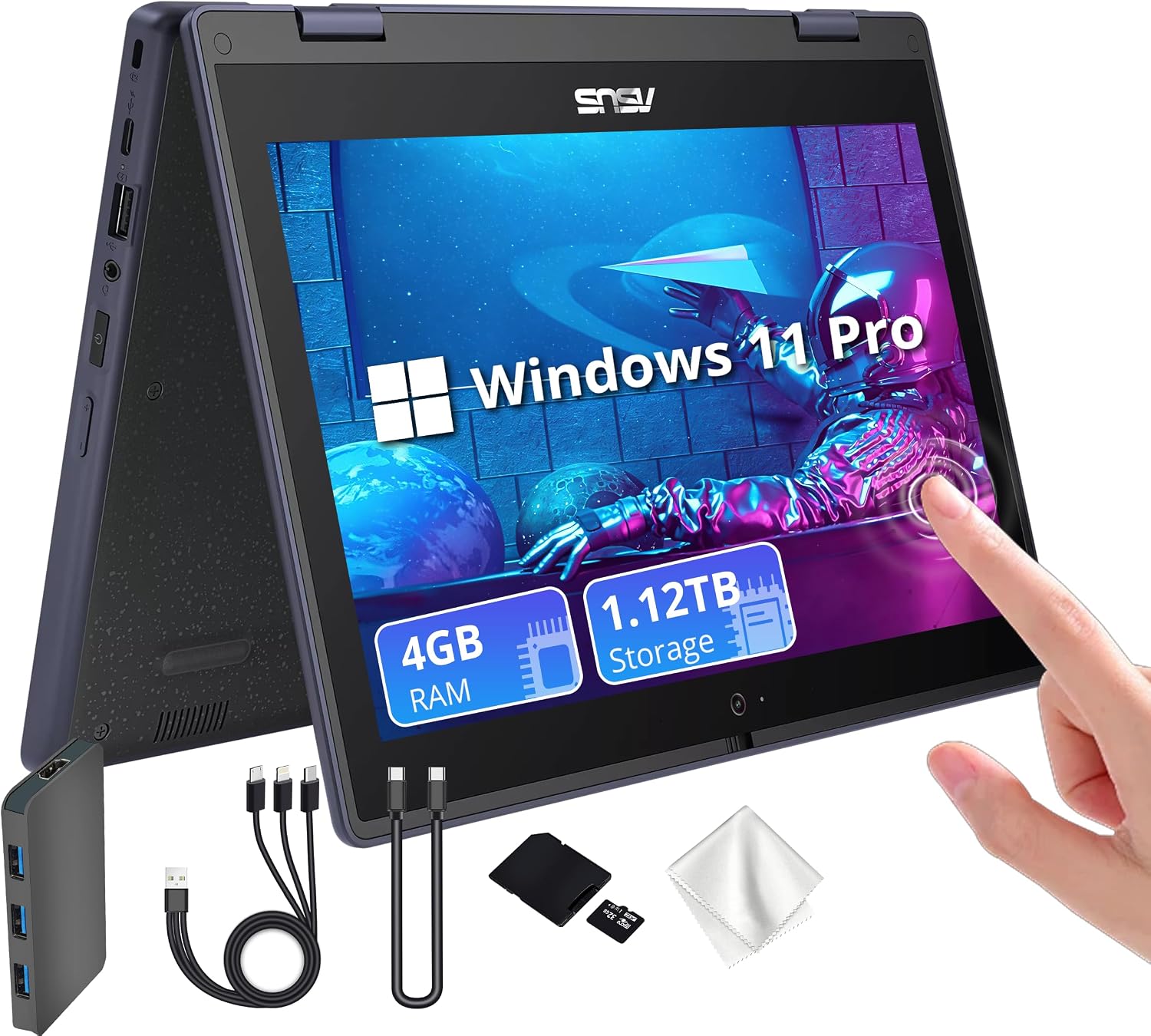 ASUS 11.6" 2-in-1 Touchscreen Laptop, Intel Celeron N100, 4GB RAM, 1.12TB Storage (128GB SSD&1TB Docking Station Set), Intel UHD Graphics, WiFi 6, Webcam, Win11 Pro, Gray