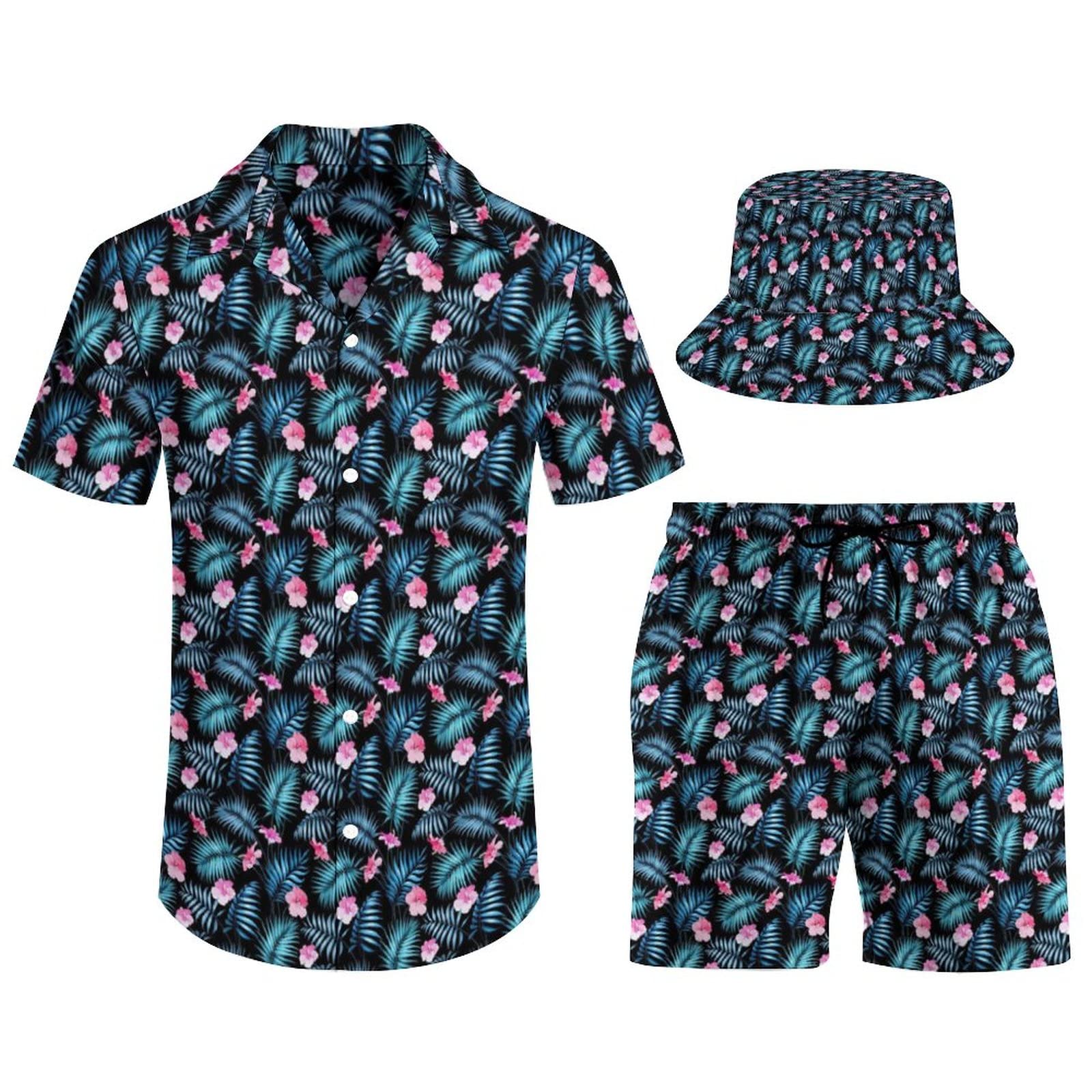 3 Piece Men's Hawaiian Tropical Outfit Shirt, Shorts and Bucket Hat