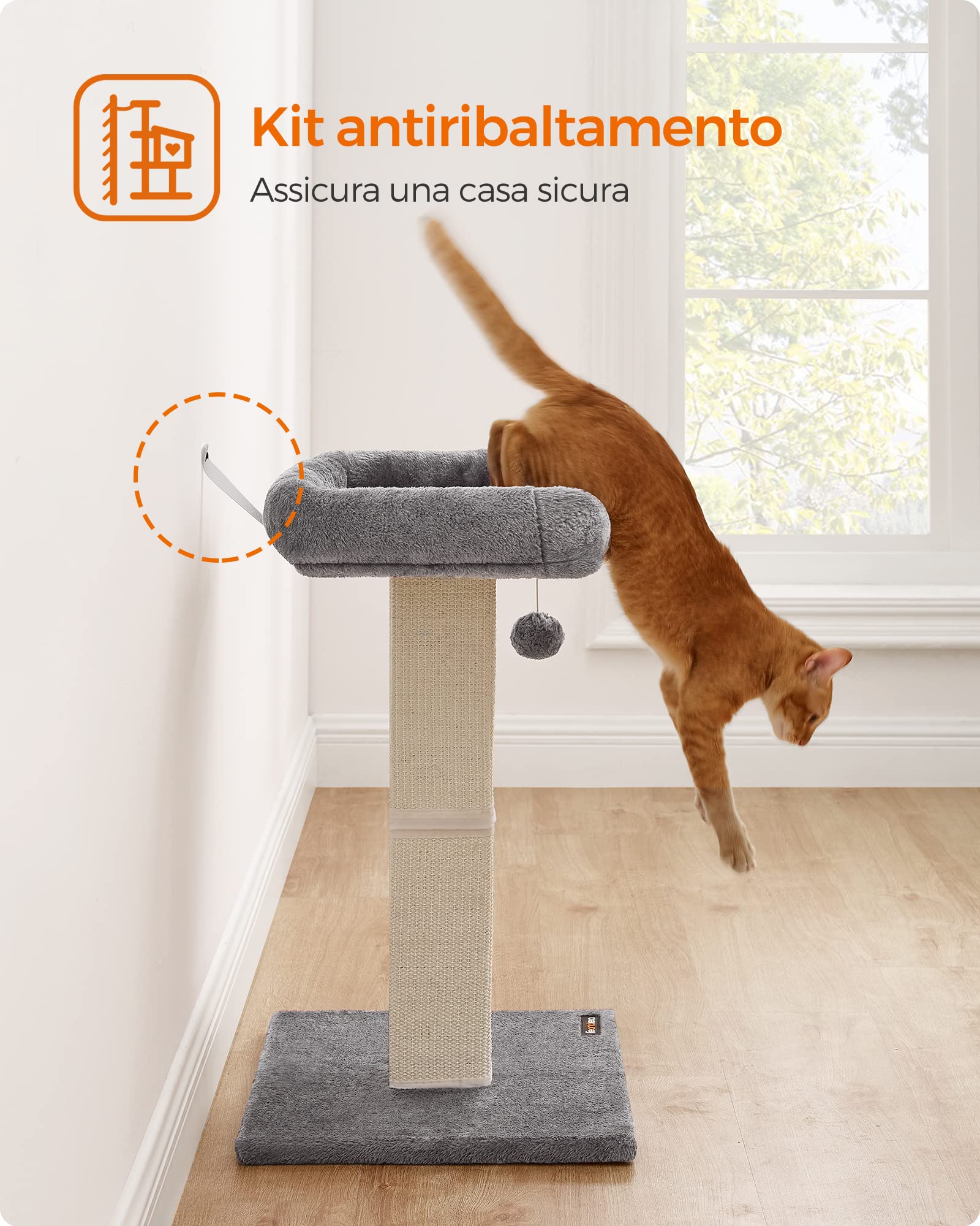Feandrea Albero per Gatti, Tiragraffi con Piattaforma in Peluche da 40 x 30 cm, Graffiatoio per Gatti, Alto 71 cm, Colonna con Sisal Intrecciato, Base 45 x 40 cm, con Pompon, Grigio Chiaro PCA022W01