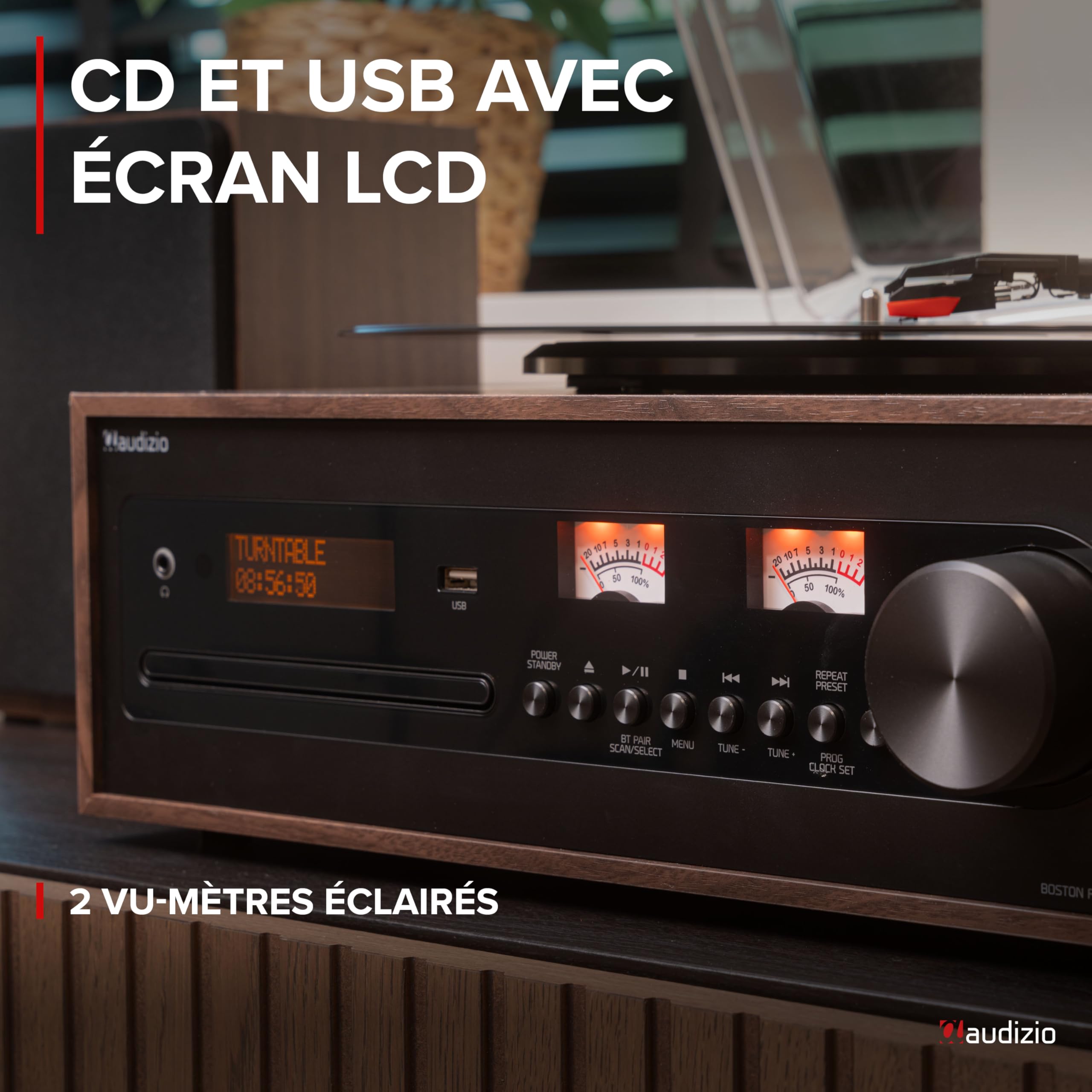 Audizio Boston Platine Vinyle Vintage Stéréo avec Enceintes 50 Watts - Couleur Noyer, BT, Lecteur CD, Radio Dab+, Vu-mètres, Un Tourne-Disque Tout-en-Un pour Les Amateurs de Vinyles