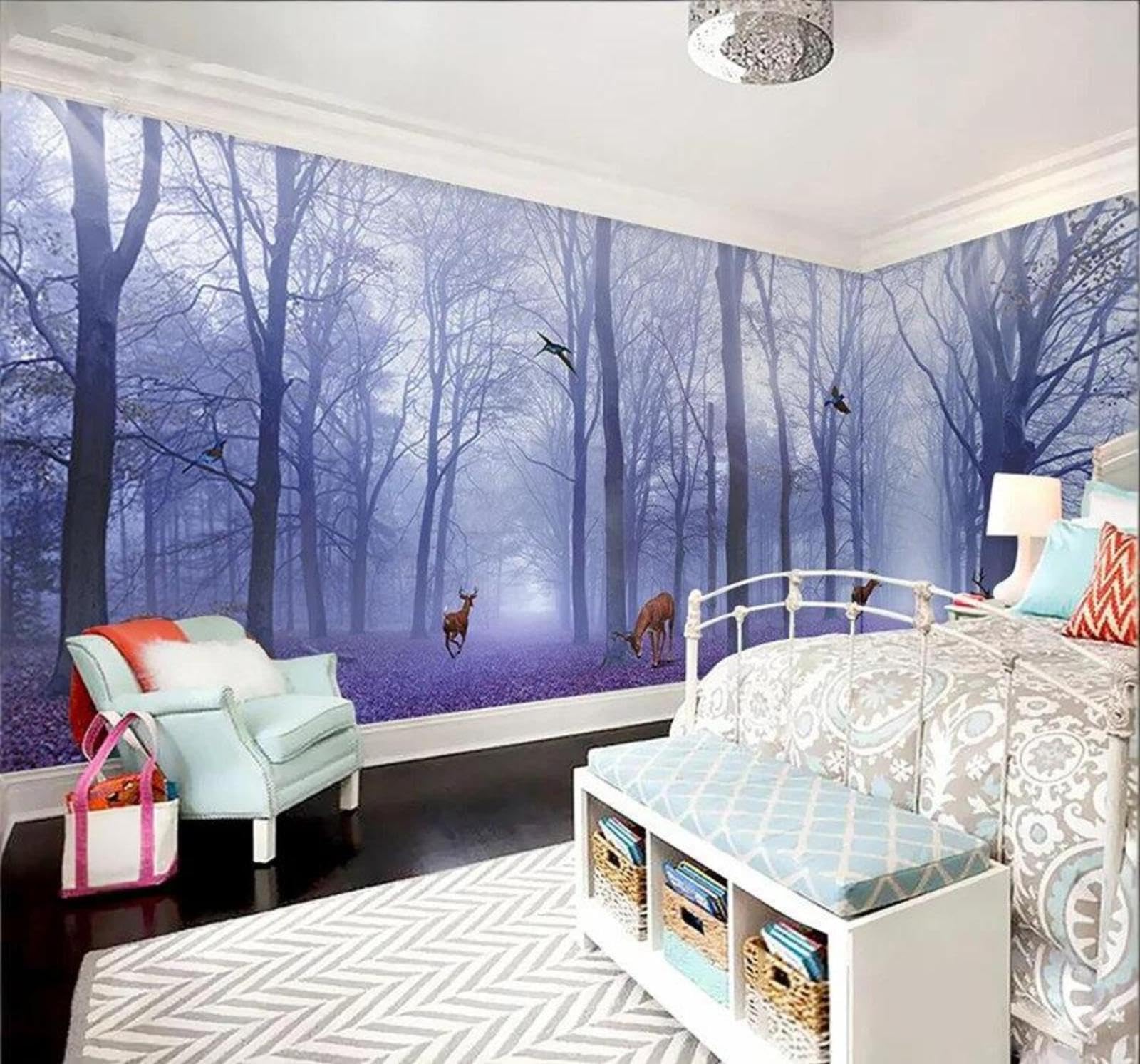 Wallpaper-3D-Xlm 250Cm×170Cm(B×H) Beautiful Purple Forest Reindeer Landscape 3D Wallpaper Easy Install Feature Office Living Room Sofa Bedroom Tv Background Wall Decoration-250Cm×170Cm