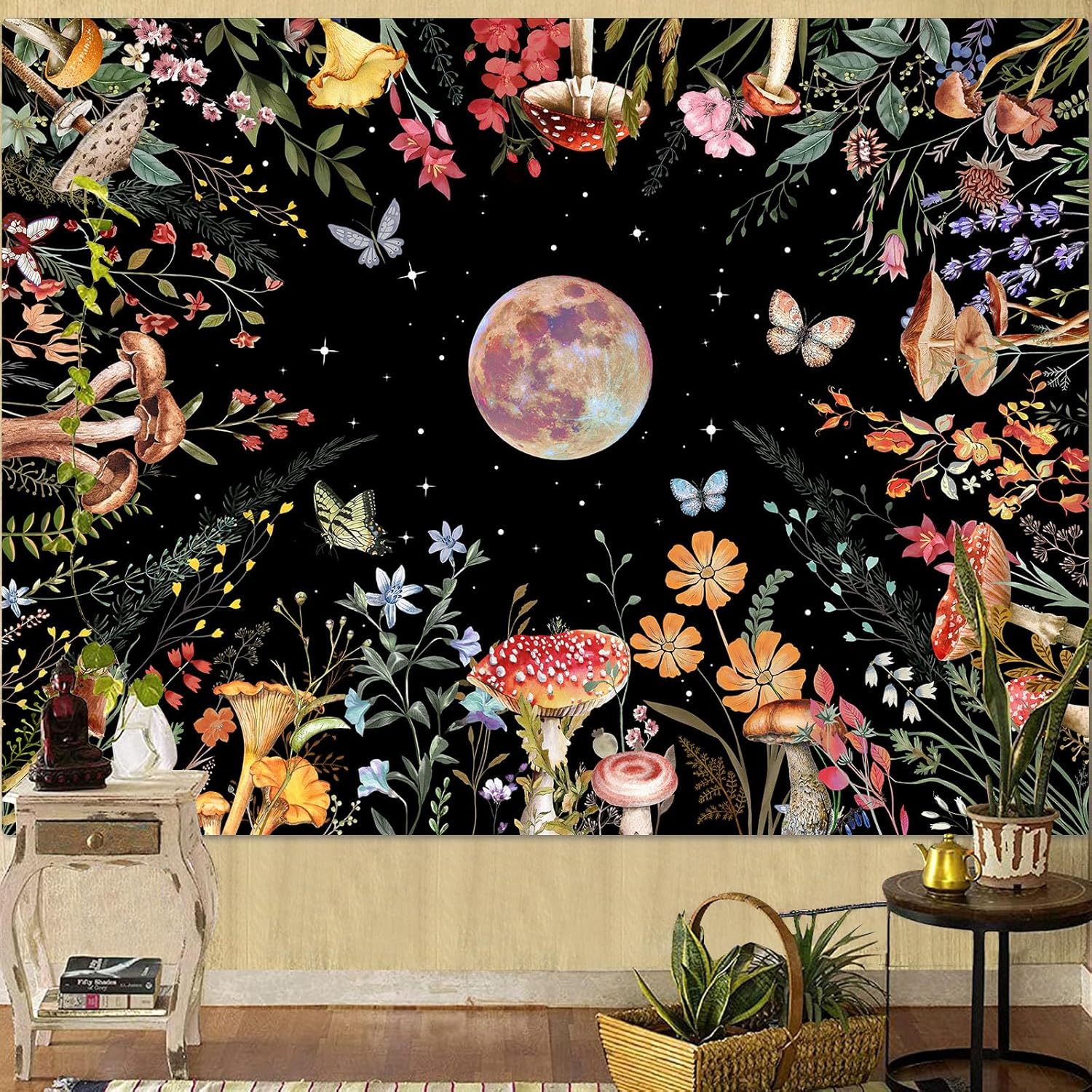 Kanuyee Boho Moon Tapestry Colorful Floral Wall Tapestry, Cute tapestries for Bedroom Ceiling Tapestries Wall Hanging for Bedroom Living Room Decor Moon-2 60"x80"