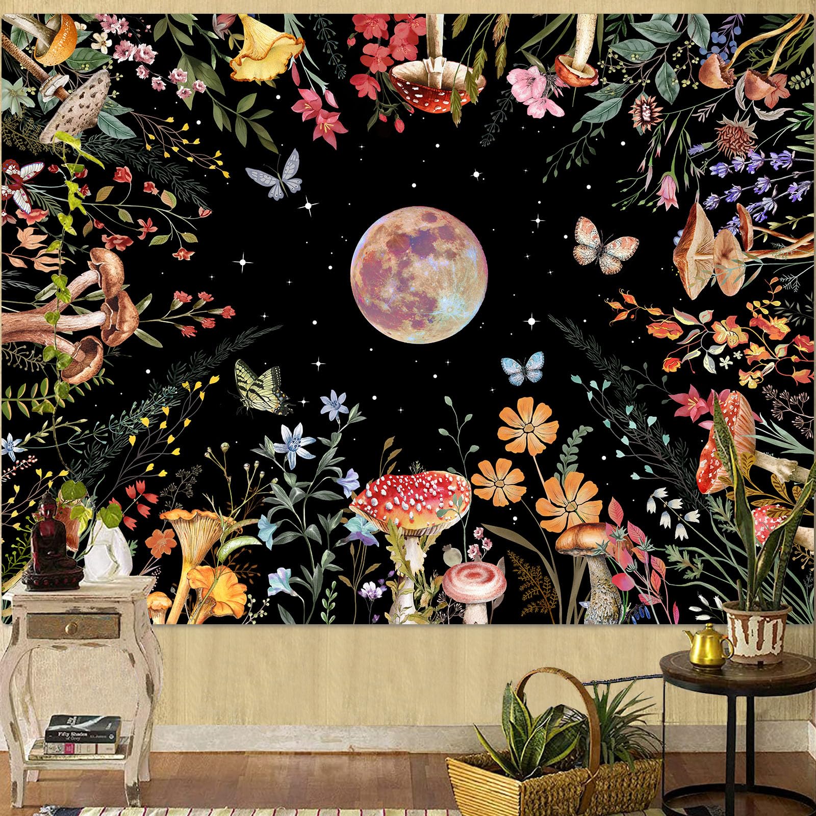 Kanuyee Boho Moon Tapestry Colorful Floral Wall Tapestry, Cute tapestries for Bedroom Ceiling Tapestries Wall Hanging for Bedroom Living Room Decor
