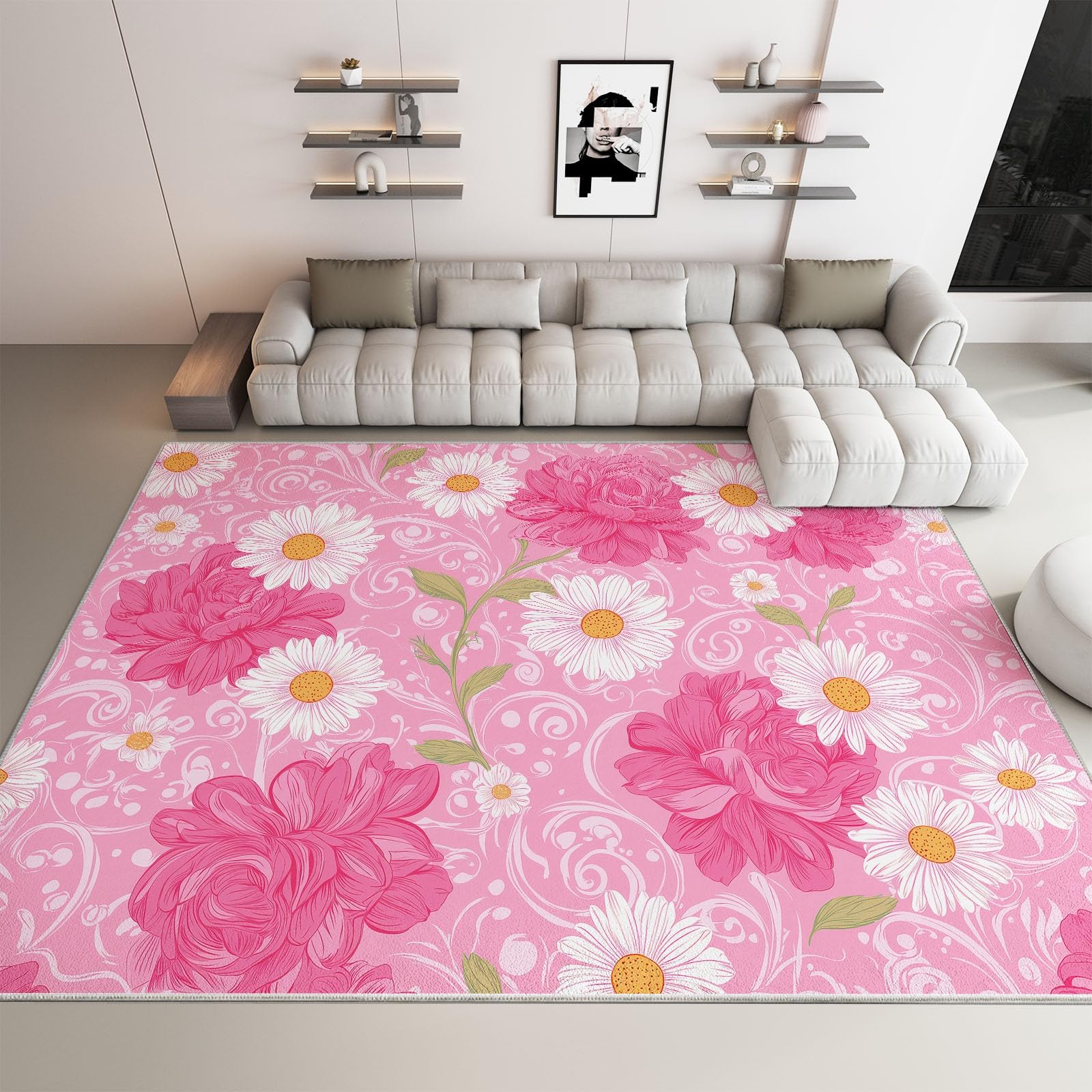 Tapis de salon à poils courts floral rose chic pour créer un coin lecture cosy