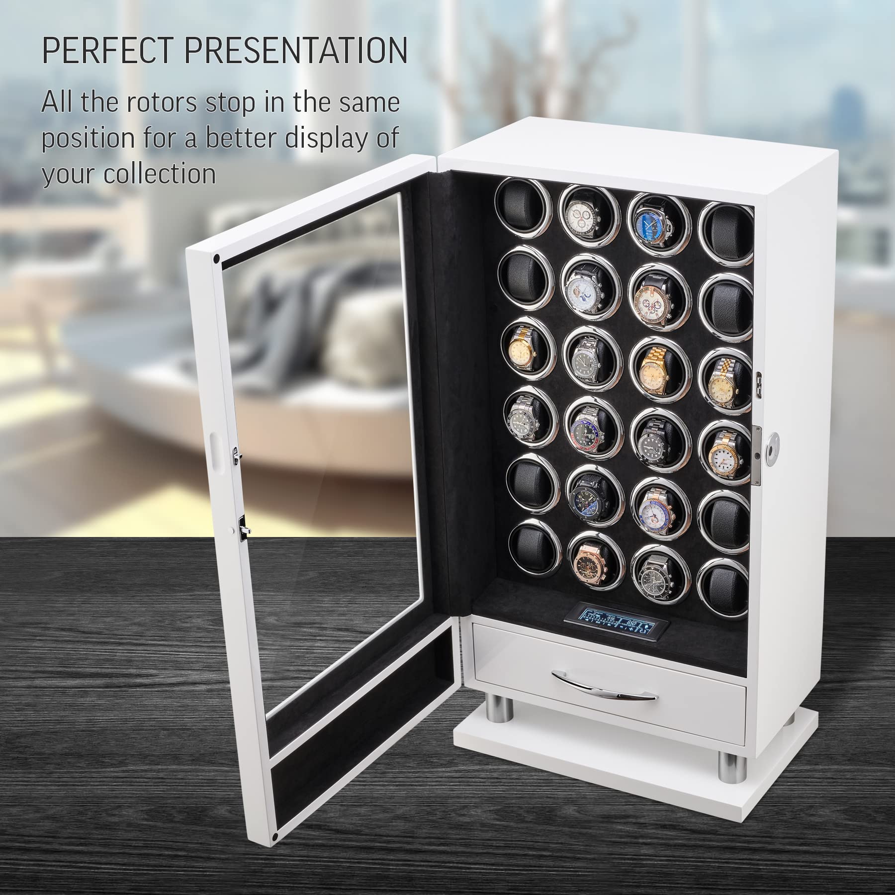 24 Watch Winder with Fingerprint Lock and Large Storage Drawer (White)