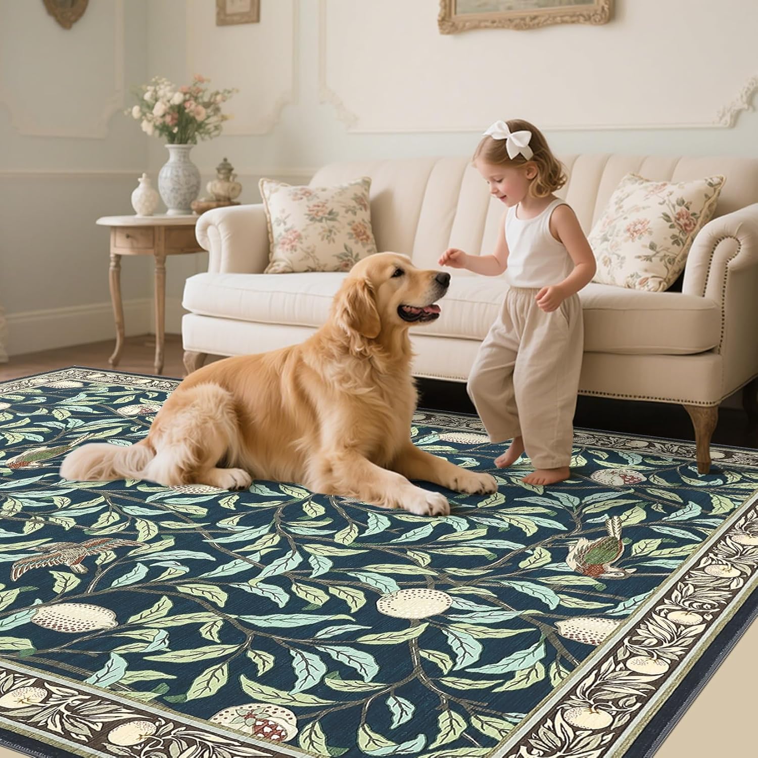 GarveeHome Boho Leaf Area Rugs 9x12 Living Room, Large Rugs for Living Room with Soft Low Pile, 9x12 Botanical Bird Washable Rug with Non-Slip Backing for Bedroom Dining Room Navy Blue Carpet