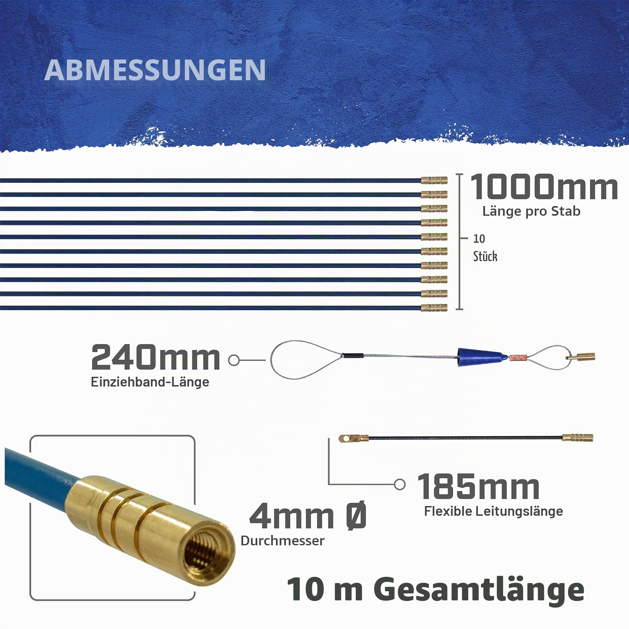 Faithfull Kabelzugstangen-Set mit Zubehör – 10 Meter, 4 mm Ø – 15-teiliges Set mit 10 x 1000 mm Fiberglasstangen, Einziehband und Aufbewahrungsrohr