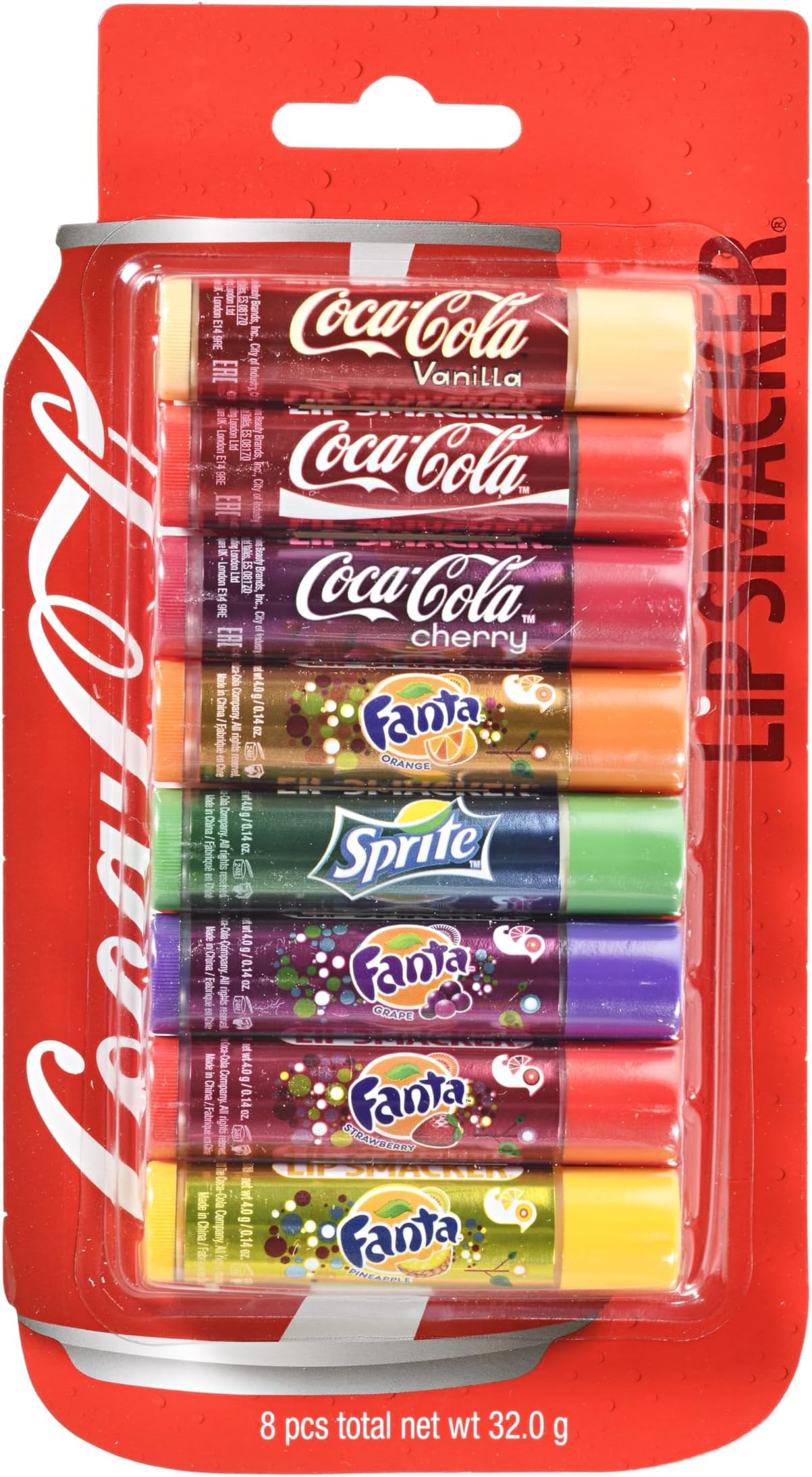 Coca Cola Party Pack, Set of 8 Assorted LipBalms with Authentic Flavors of Coca-Cola, Fanta, and Sprite