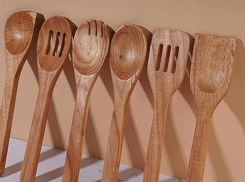 Vista 9 de Ajuny Cucharas de madera para cocinar, 6 piezas, espátula de madera antiadherente, herramientas duraderas para cocinar y servir, mango plano
